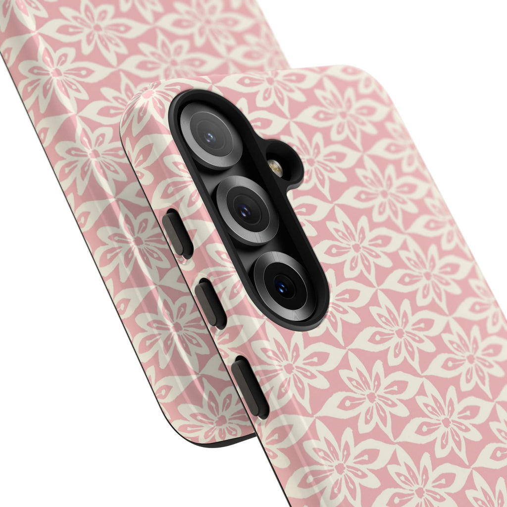 Lily Pastel Pink Samsung Galaxy S25 Glossy case — side angled view showing camera cutout and buttons — graphic white lily on pastel pink by Kate Spain