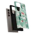 Arctica Winter Samsung Case – detail view of layered construction | aqua, evergreen, white, animal frolic winter wonderland print