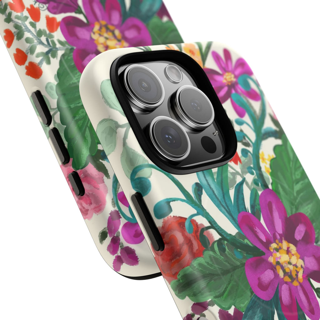 Posy MagSafe iPhone 16 Pro Max Case – Dual-layered view of case and inner lining in front of phone, with view of camera cutout and buttons | cream, magenta, coral botanical floral print
