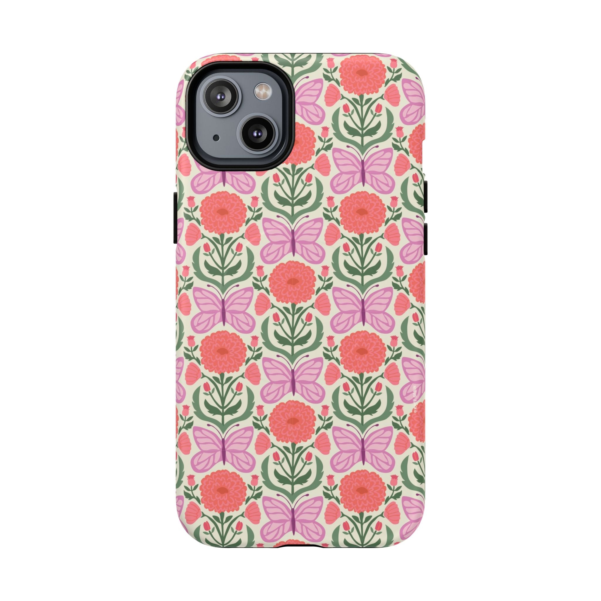 Pink Butterfly MagSafe iPhone 14 Plus Case – Matte | pink, coral, green, cream butterfly floral print