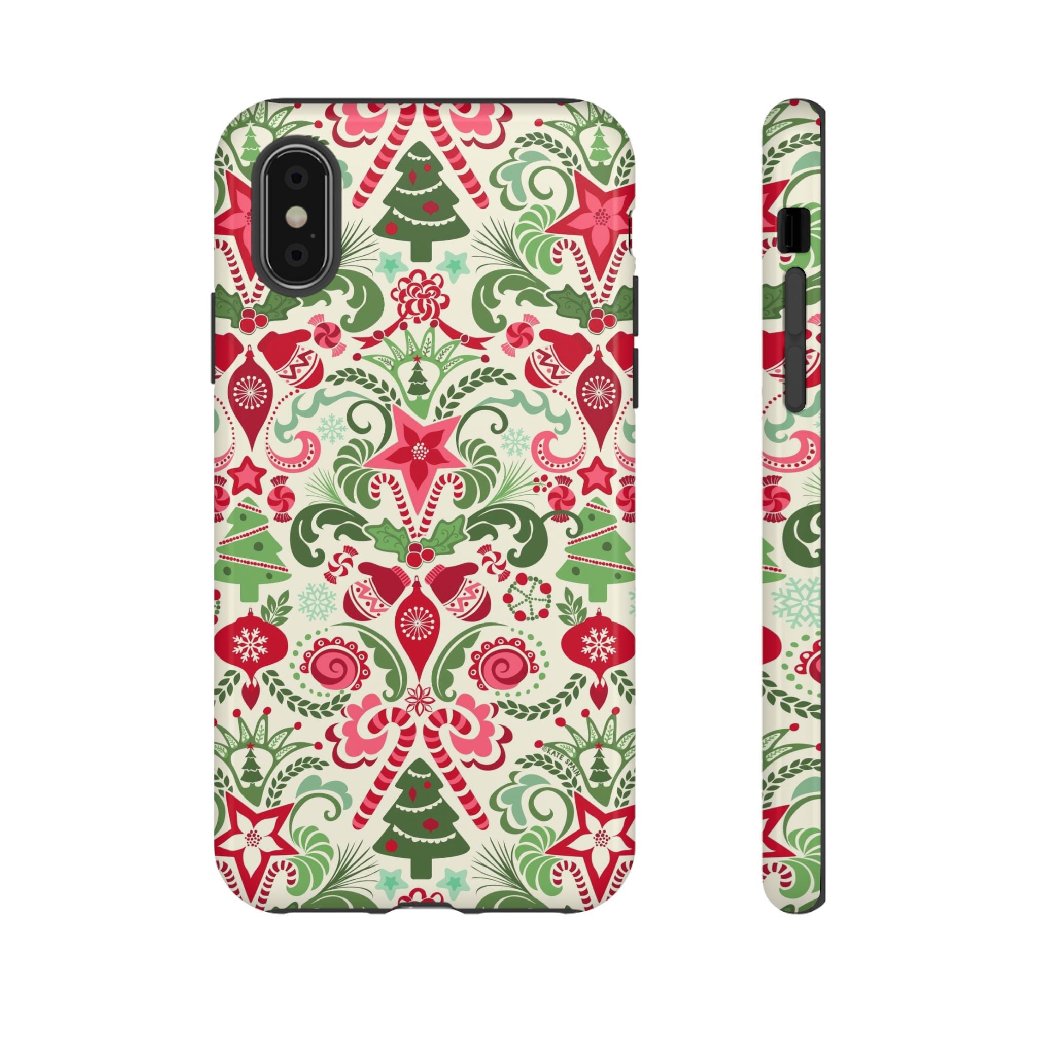 Wonderland Tough iPhone X Case – Glossy | cream, red, green Christmas ornament damask print