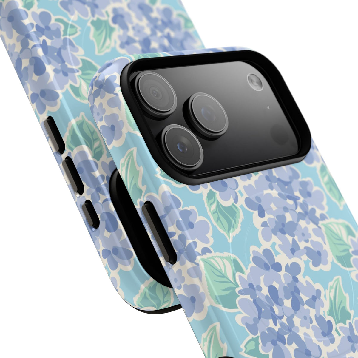 Nantucket Hydrangea MagSafe iPhone Case – angled view closeup of camera cutout and buttons | periwinkle, sky blue, mint hydrangea floral print