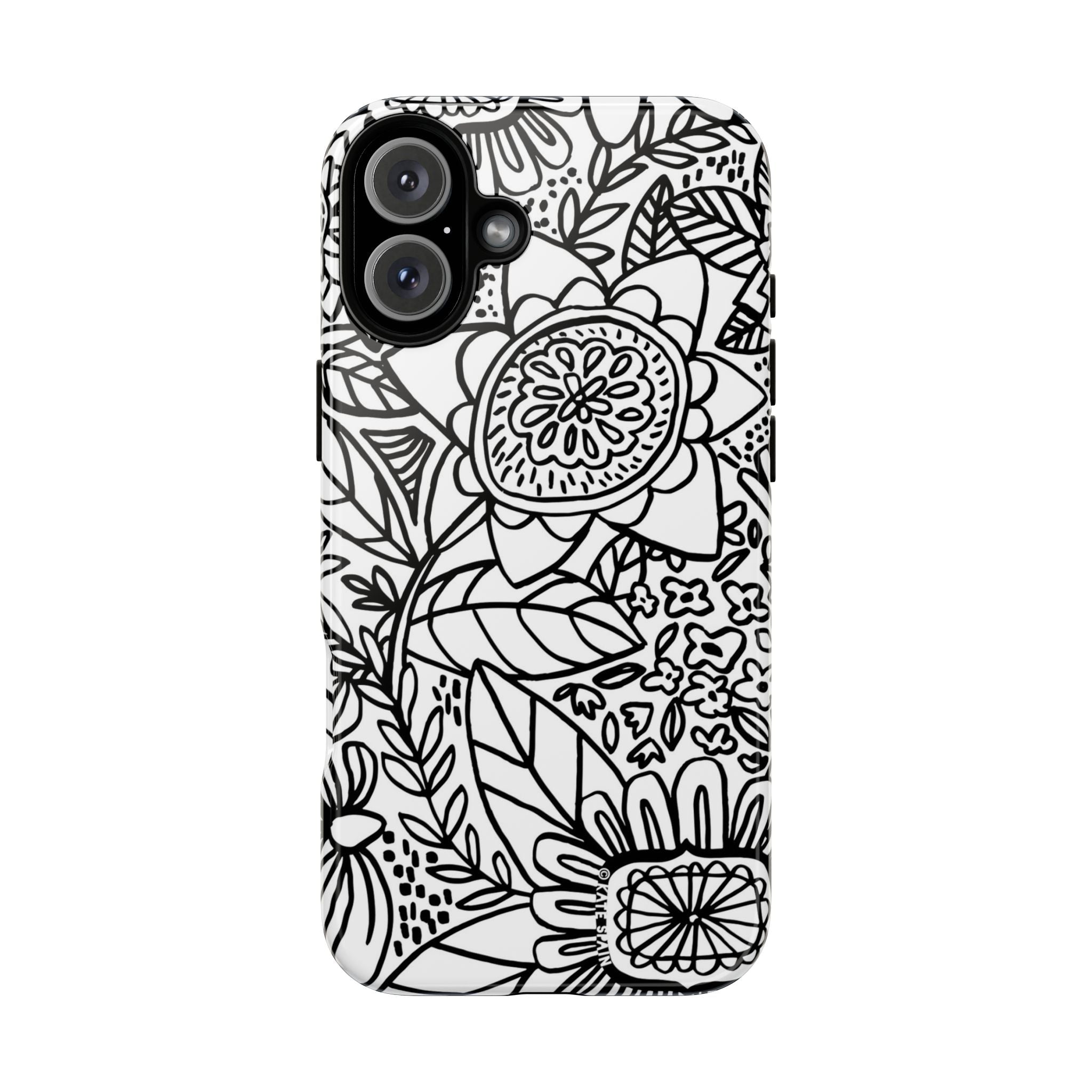 Esprit Tough iPhone 16 Plus Case – Glossy | white, black botanical line art floral print
