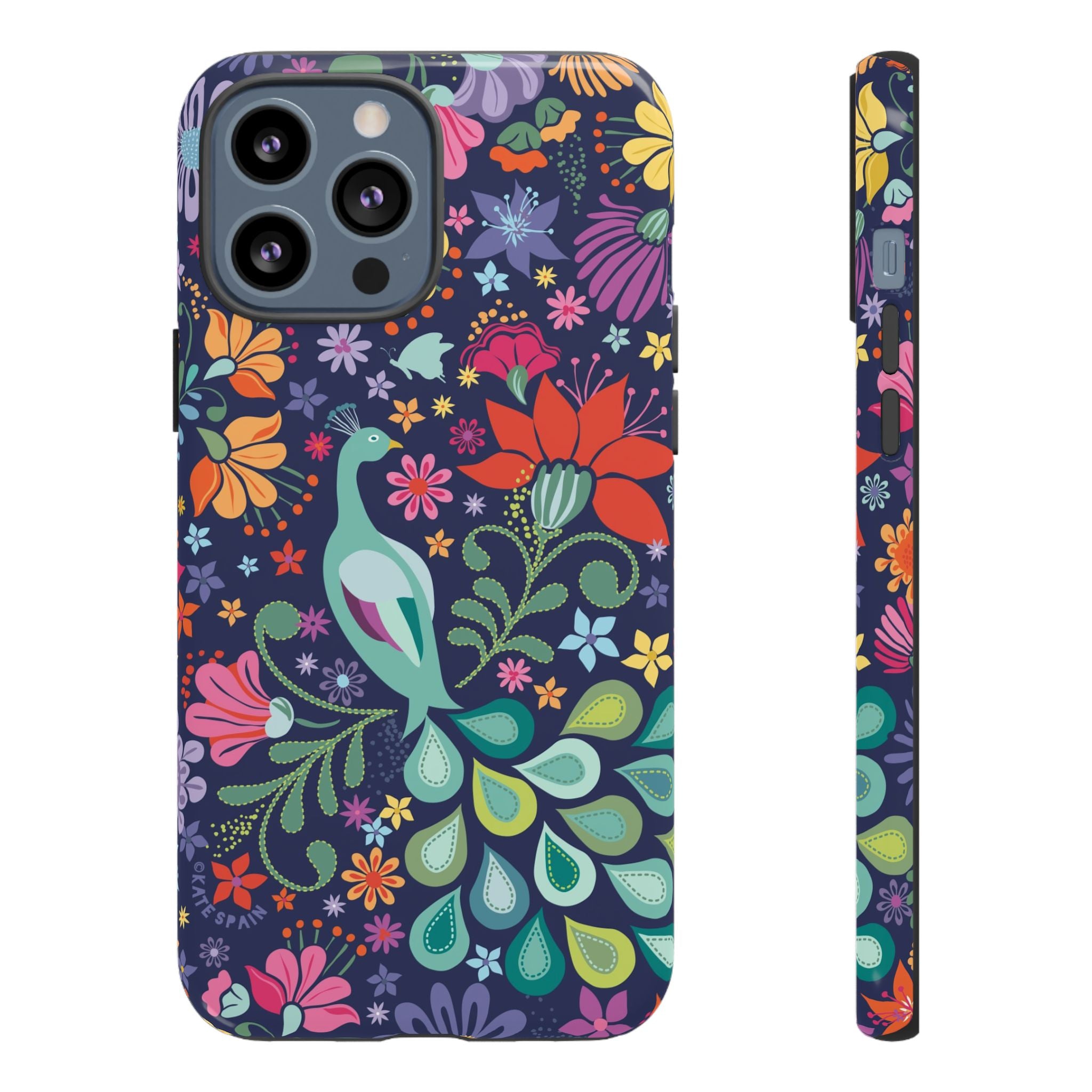 Peacock Sanctuary Tough iPhone 13 Pro Max Case – Glossy | navy, teal, coral multicolor vibrant peacock feather botanical print