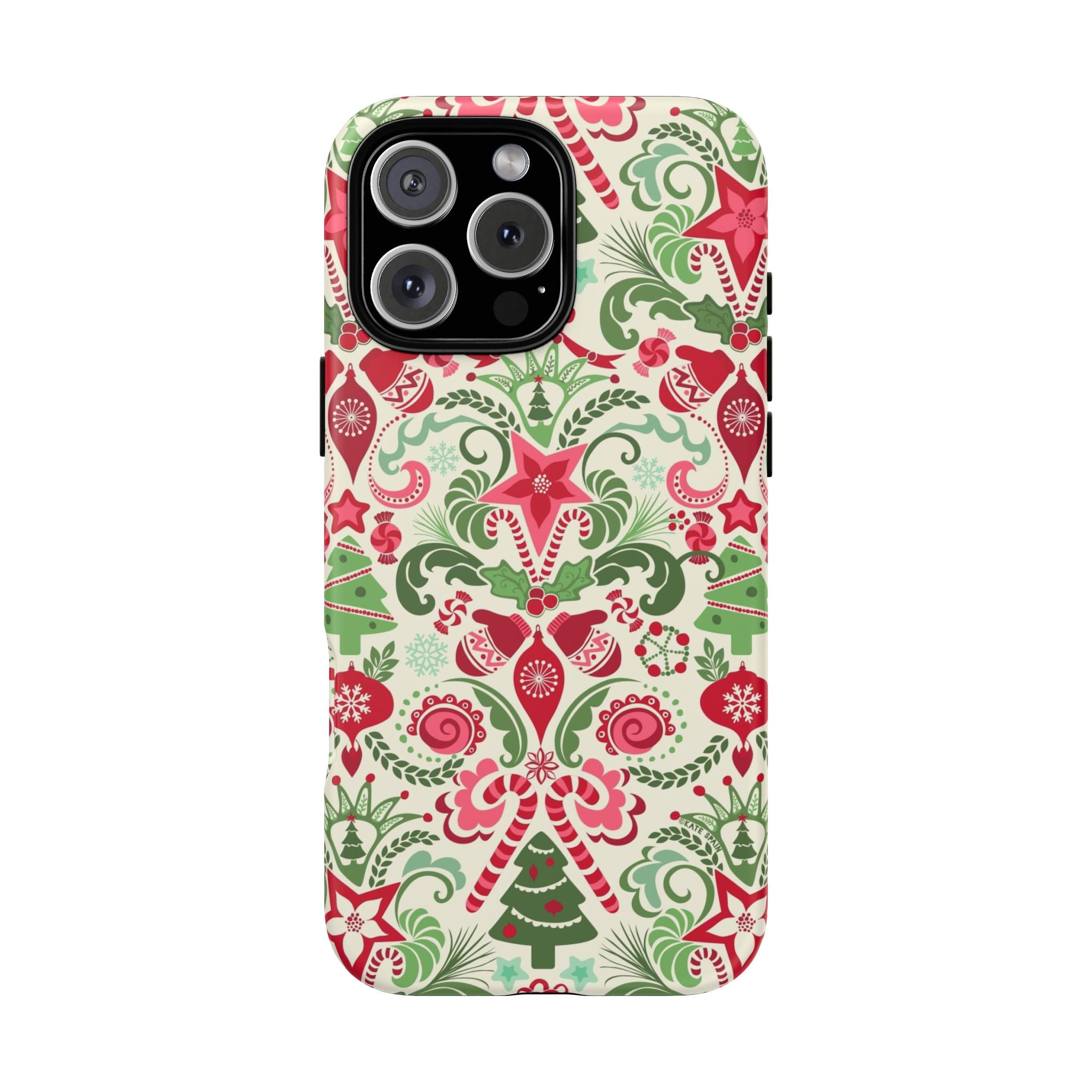 Wonderland Tough iPhone 16 Pro Max Case – Matte | cream, red, green Christmas ornament damask print
