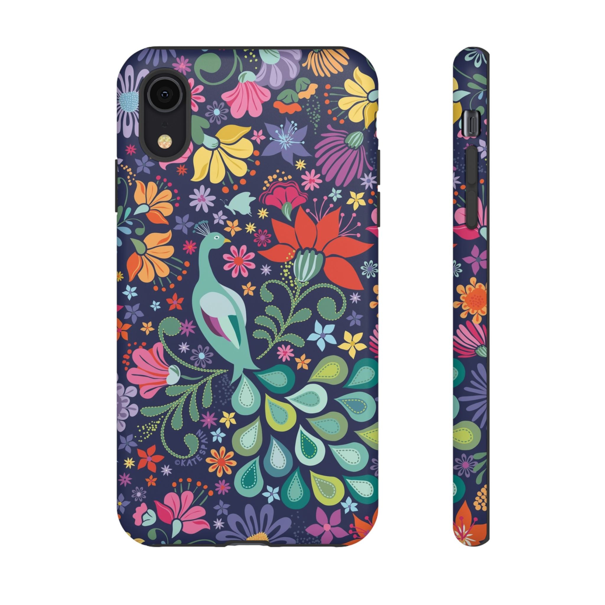Peacock Sanctuary Tough iPhone XR Case – Matte | navy, teal, coral multicolor vibrant peacock feather botanical print
