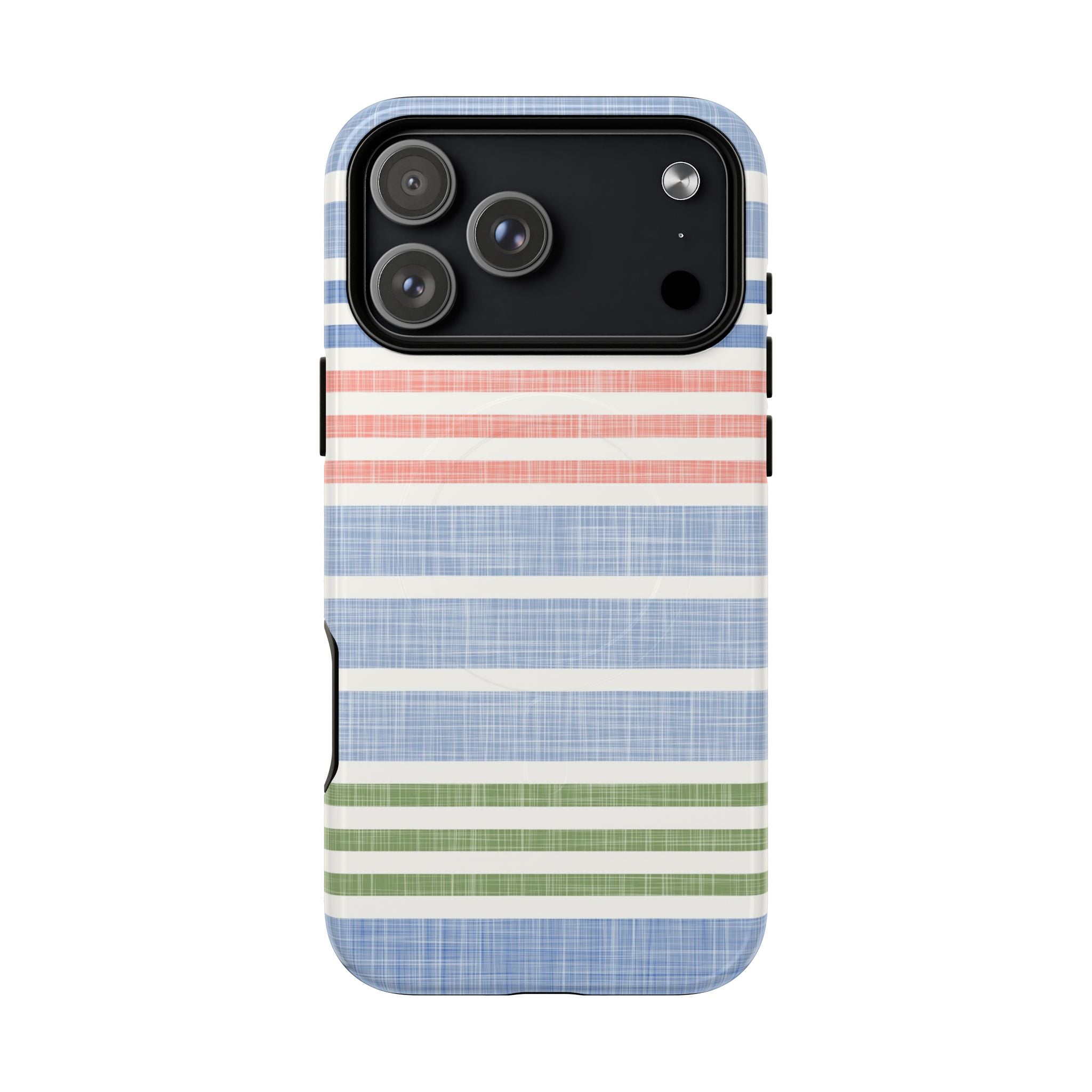 Cabana Stripe Pastel MagSafe iPhone 17 Pro Max Case – Glossy | soft blue, coral, sage green chambray-textured stripe print MagSafe compatible, dual-layer protection
