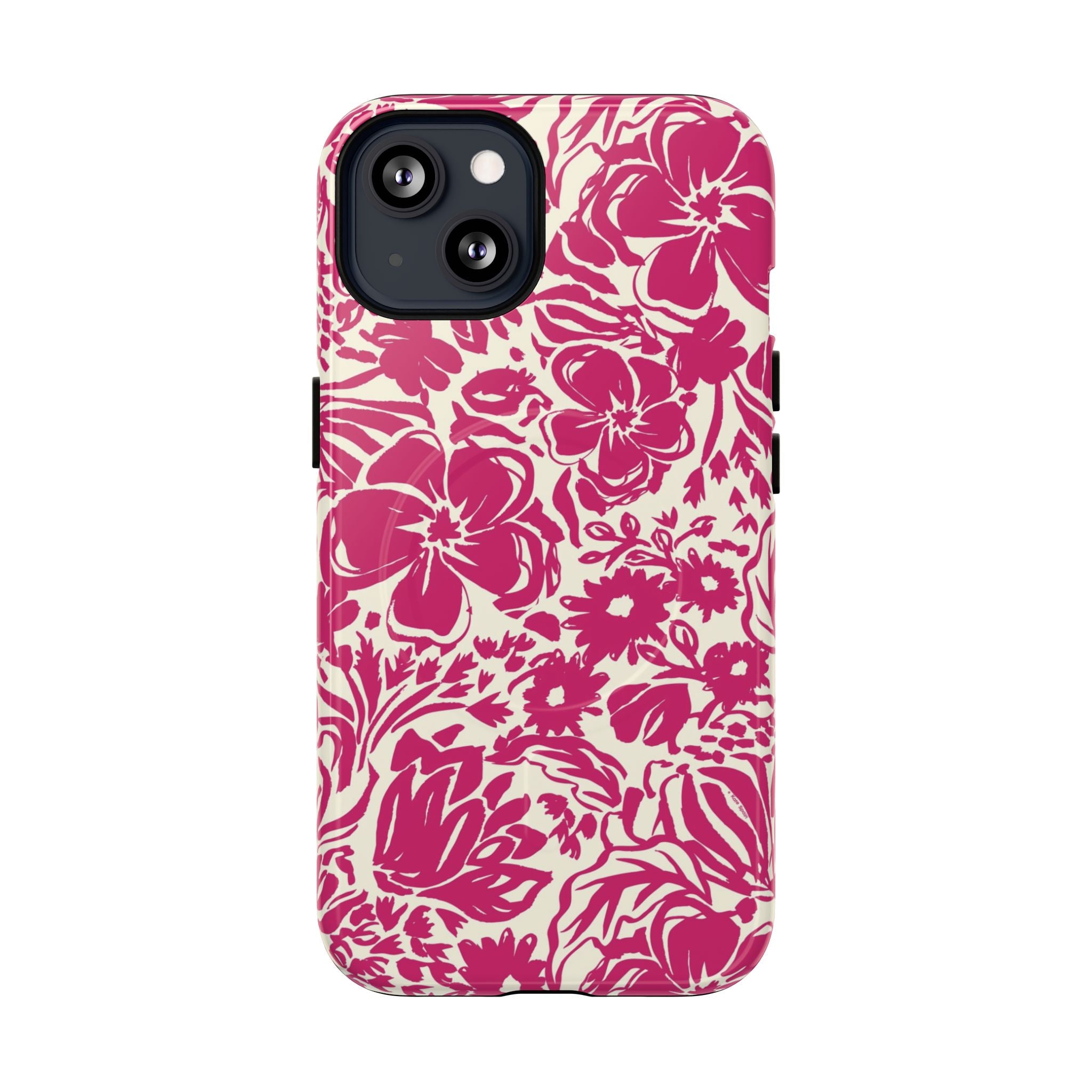 Rhapsody Bright Pink MagSafe iPhone 13 Glossy case — bold magenta floral print on cream by Kate Spain