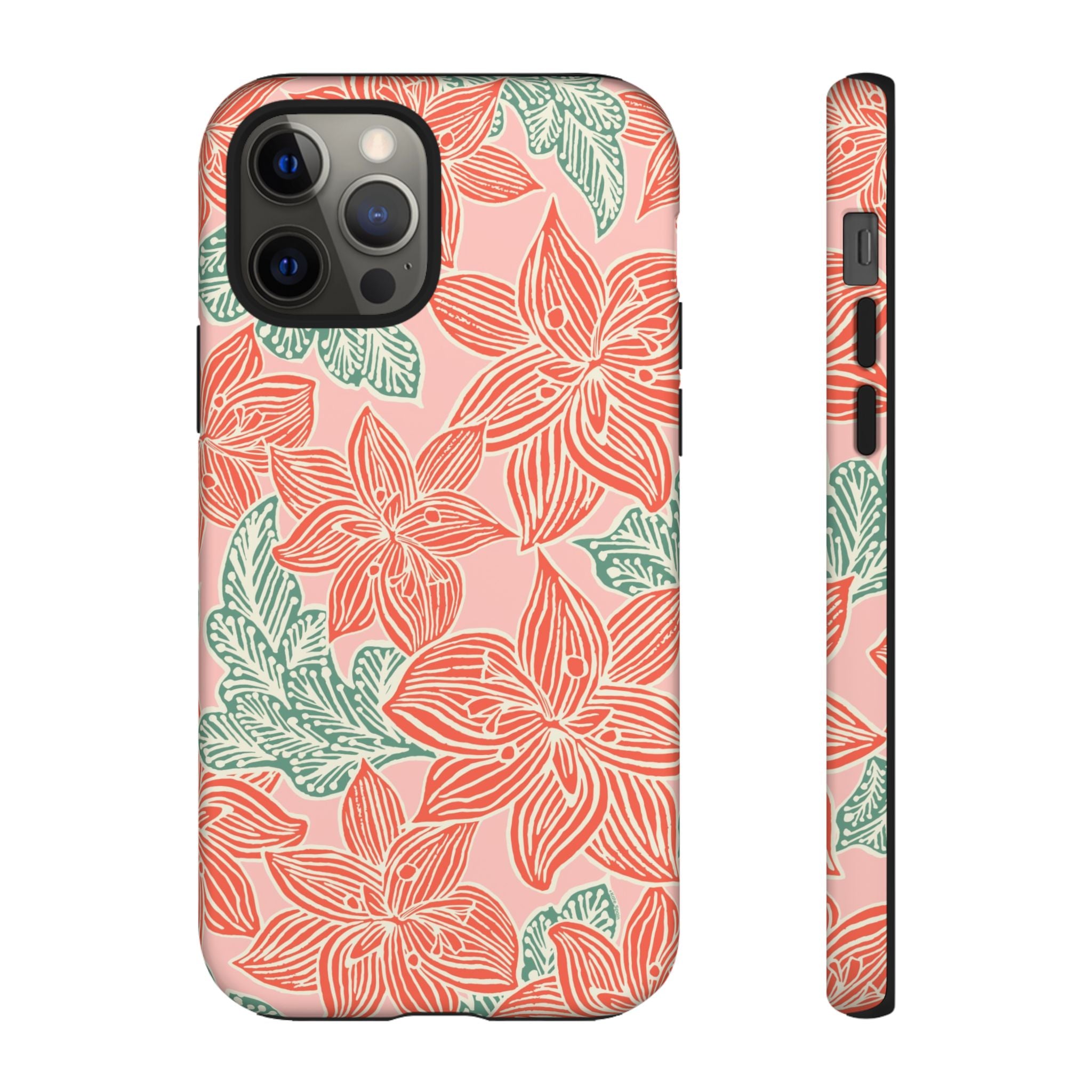 Hibiscus Coral iPhone 12 Pro Matte Case — blush pink hard case with large-scale coral red hibiscus flowers and teal-green leaves in a bold botanical linework print, densely layered across the surface