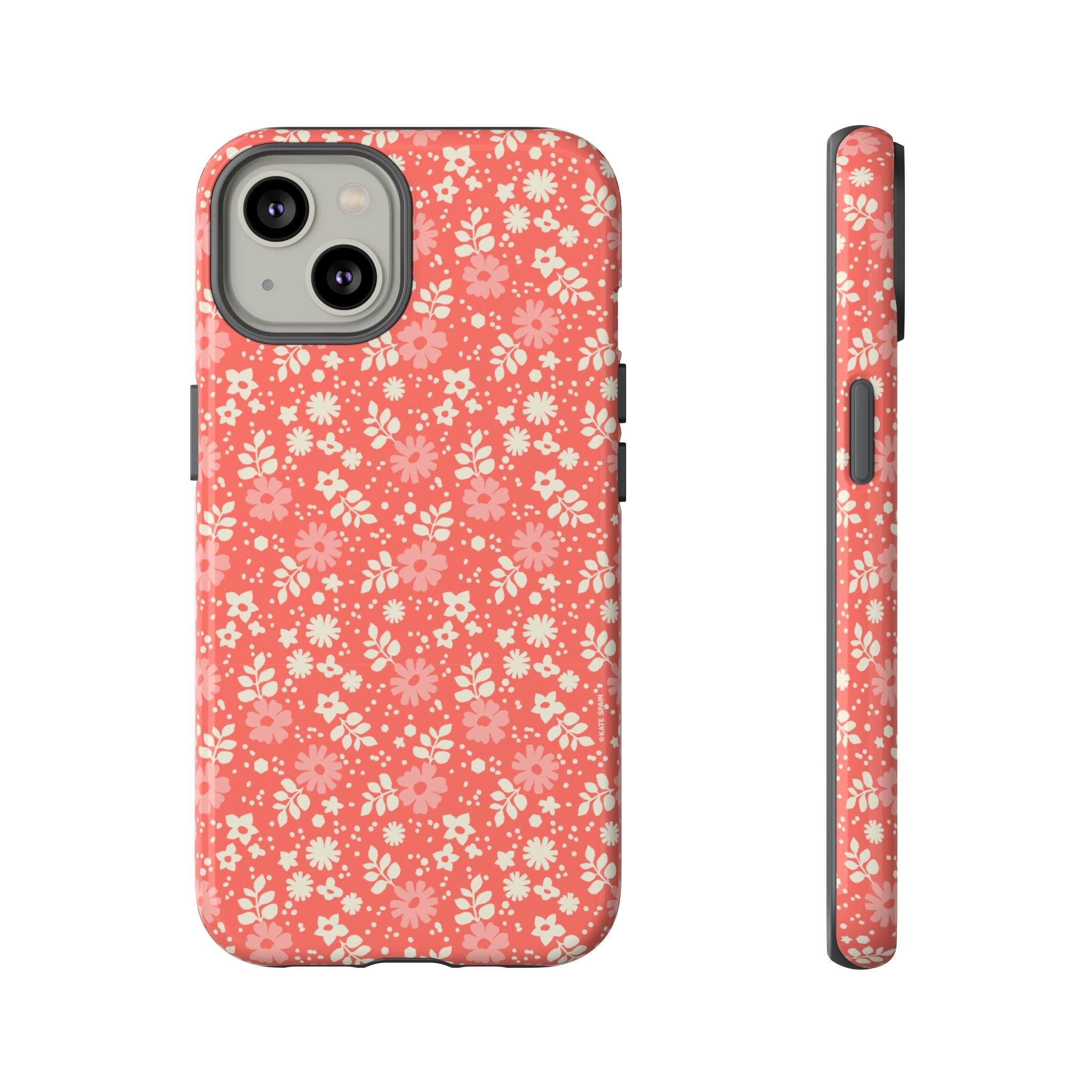 Petaline Tough iPhone 14 Case – Glossy | coral, pink, cream ditsy floral print
