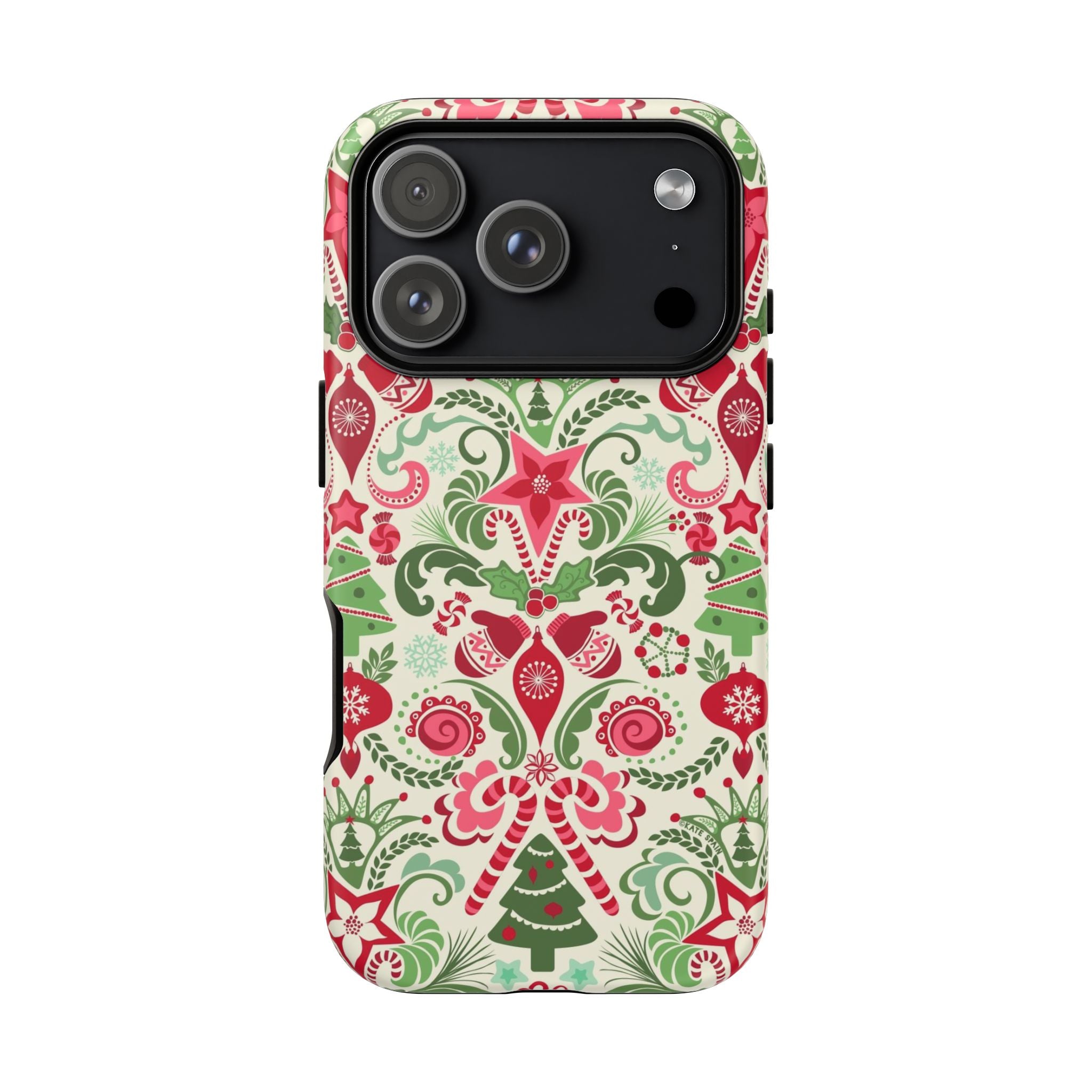 Wonderland Tough iPhone 17 Pro Case – Matte | cream, red, green Christmas ornament damask print