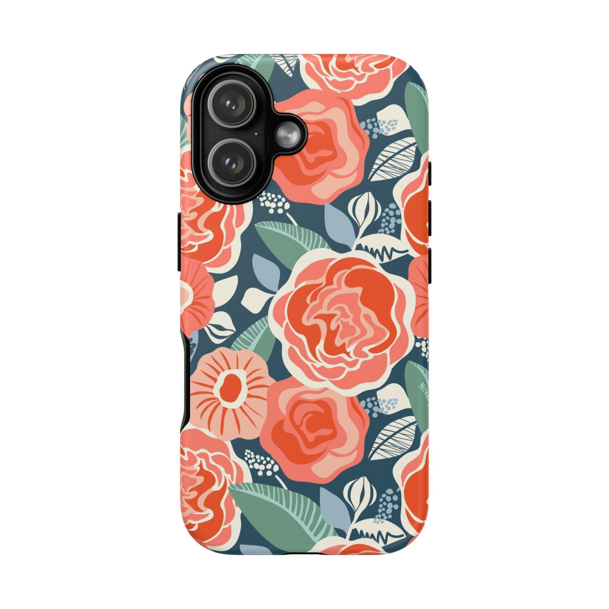 Tea Rose Navy Tough iPhone 17 Air Case – Glossy | navy, coral, pink, cream rose floral print