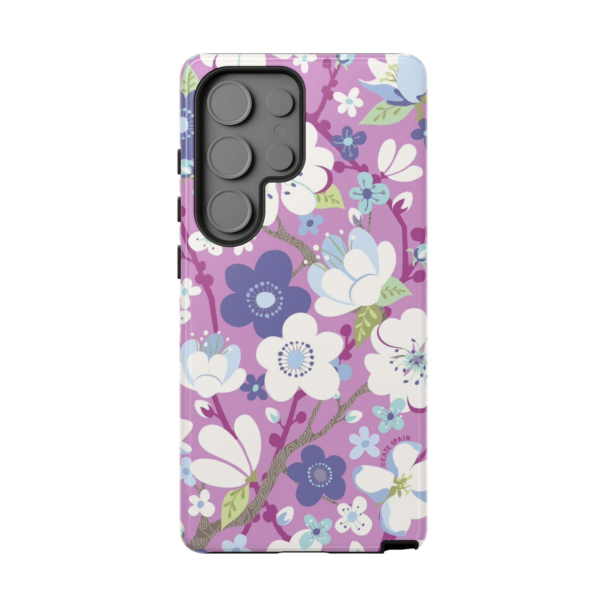 Cherry Blossom Samsung Galaxy S25 Ultra Case – Glossy | mauve, white, periwinkle cherry blossom floral print