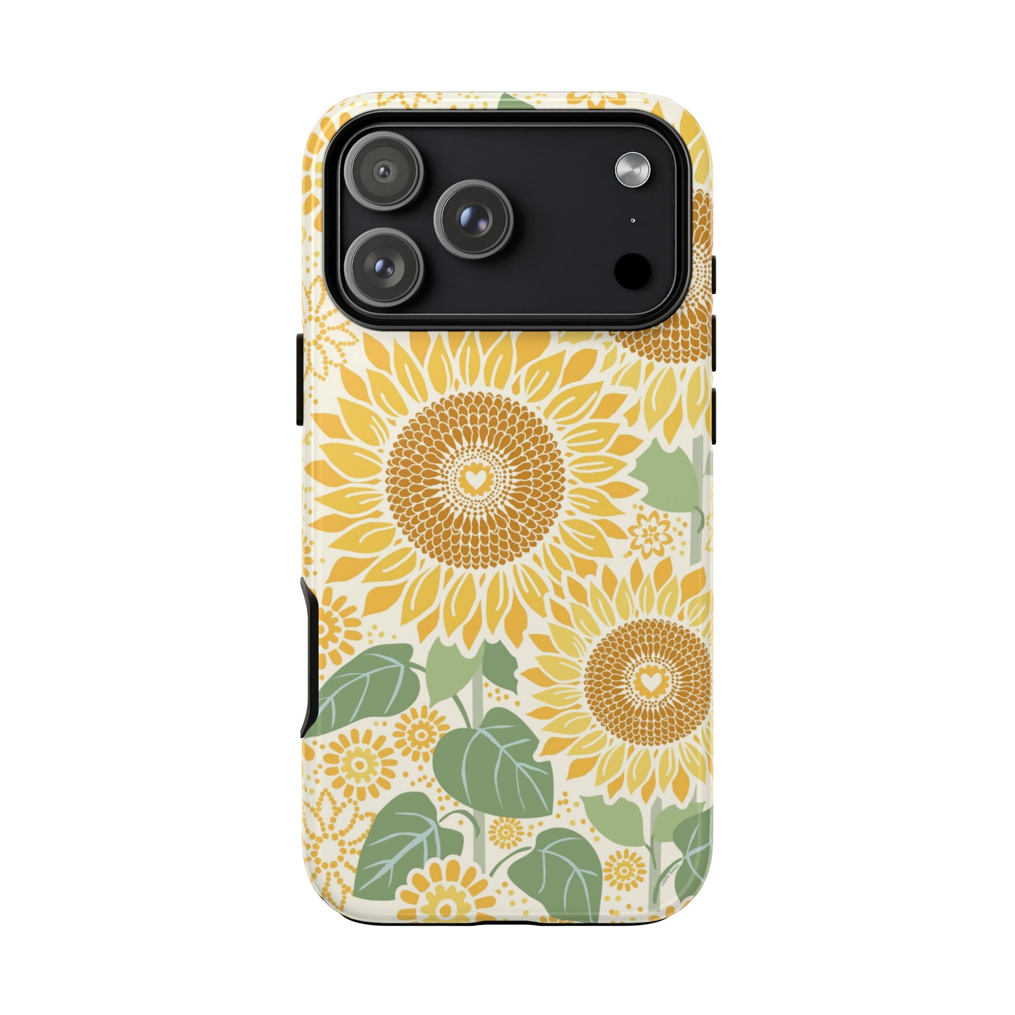 Sunny Sunflower iPhone 17 Pro Max case – Glossy | cream ground, large-scale yellow sunflower print, golden seed detail with heart centers, dual-layer protection