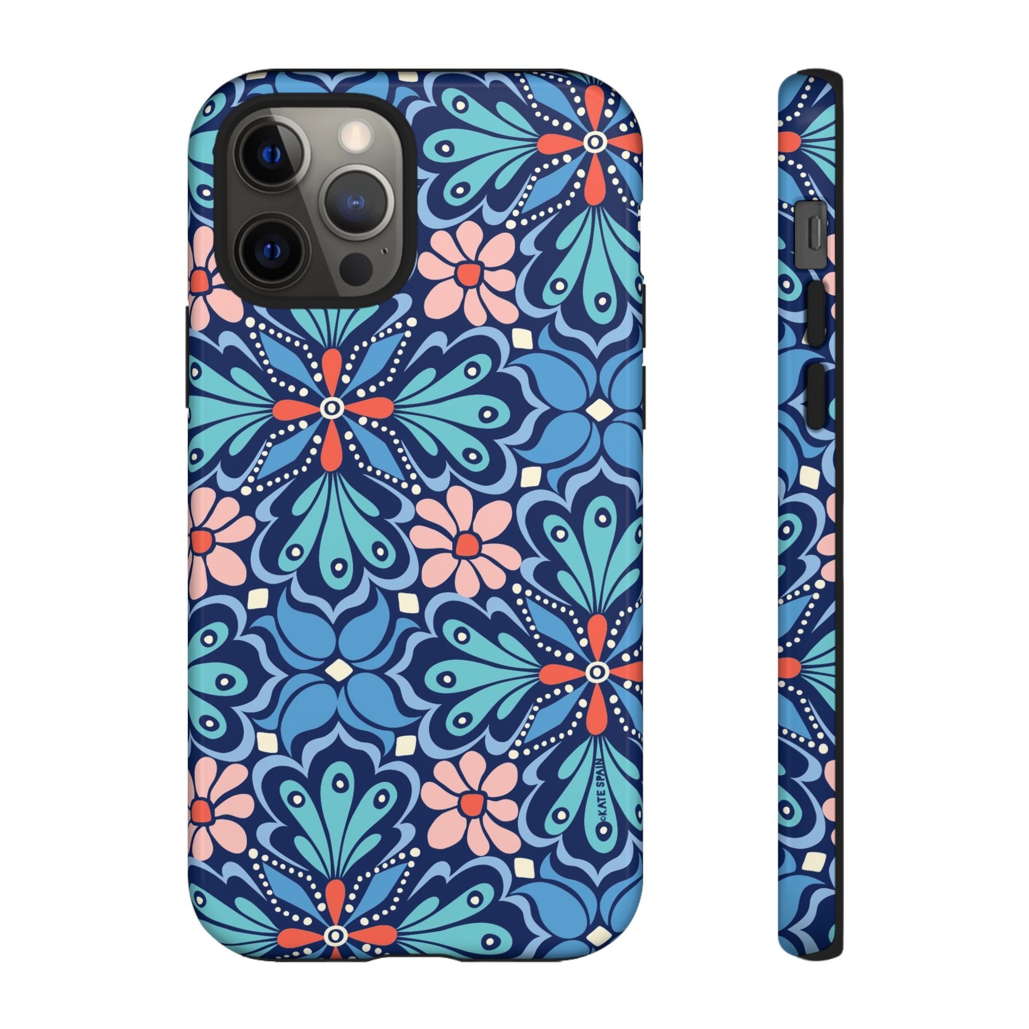 Bolero Tough iPhone 12 Pro Case – Glossy | navy, cobalt, blush geometric medallion floral print