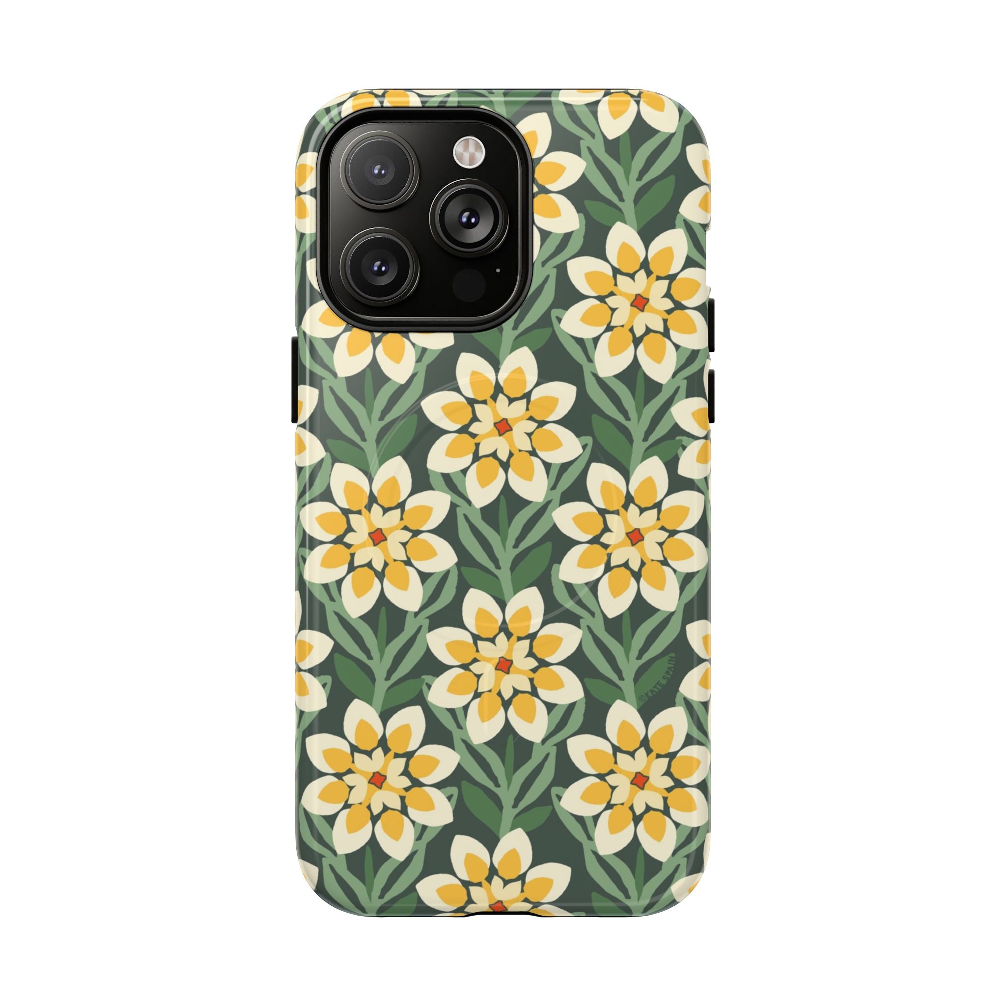 Designer Modern Dahlia MagSafe iPhone 14 Pro Max Case – Glossy | yellow, cream, green dahlia floral print