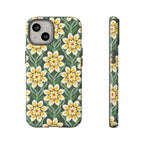 Designer Modern Dahlia Tough iPhone 14 Case – Glossy | yellow, cream, green dahlia floral print
