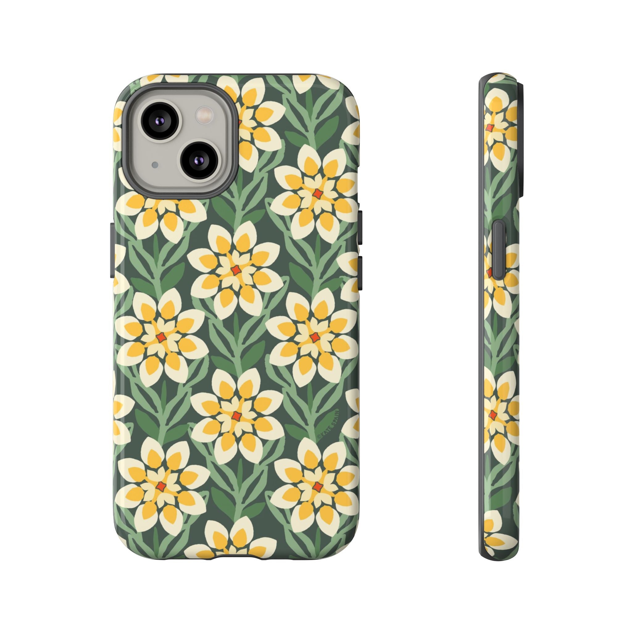 Designer Modern Dahlia Tough iPhone 14 Case – Glossy | yellow, cream, green dahlia floral print
