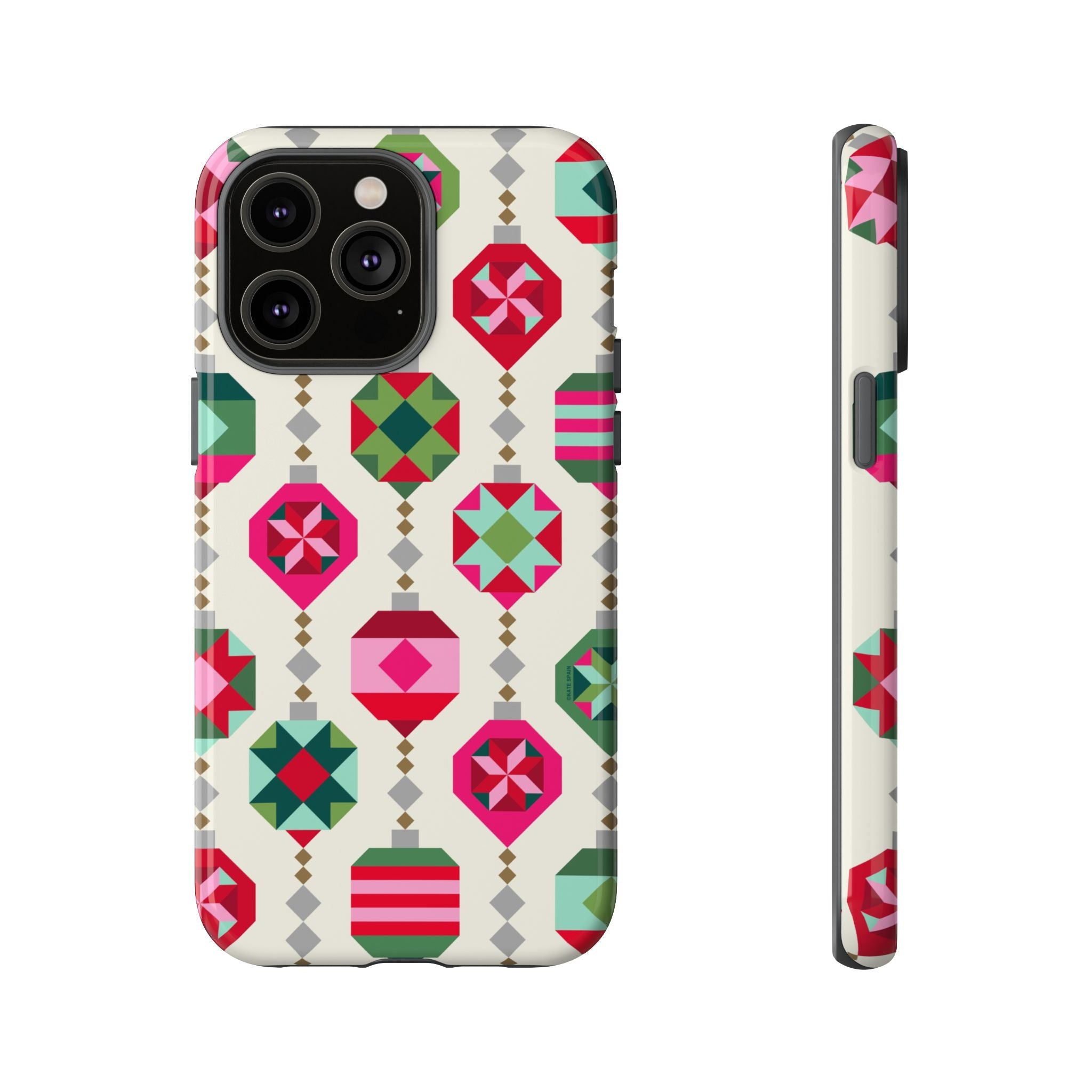 Felicity Ornaments Tough iPhone 14 Pro Max Case – Glossy | cream, red, pink, green, mint geometric quilted ornament print