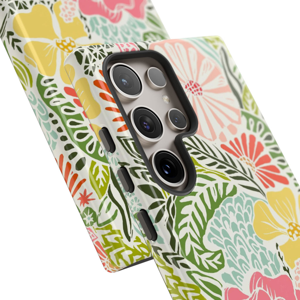 Cute Tropica Samsung Galaxy Case S24 Ultra – close-up detail of case opening for 5 camera lenses | cream, pink, yellow, blue botanical floral print