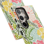 Cute Tropica Samsung Galaxy Case S24 Ultra – close-up detail of case opening for 5 camera lenses | cream, pink, yellow, blue botanical floral print
