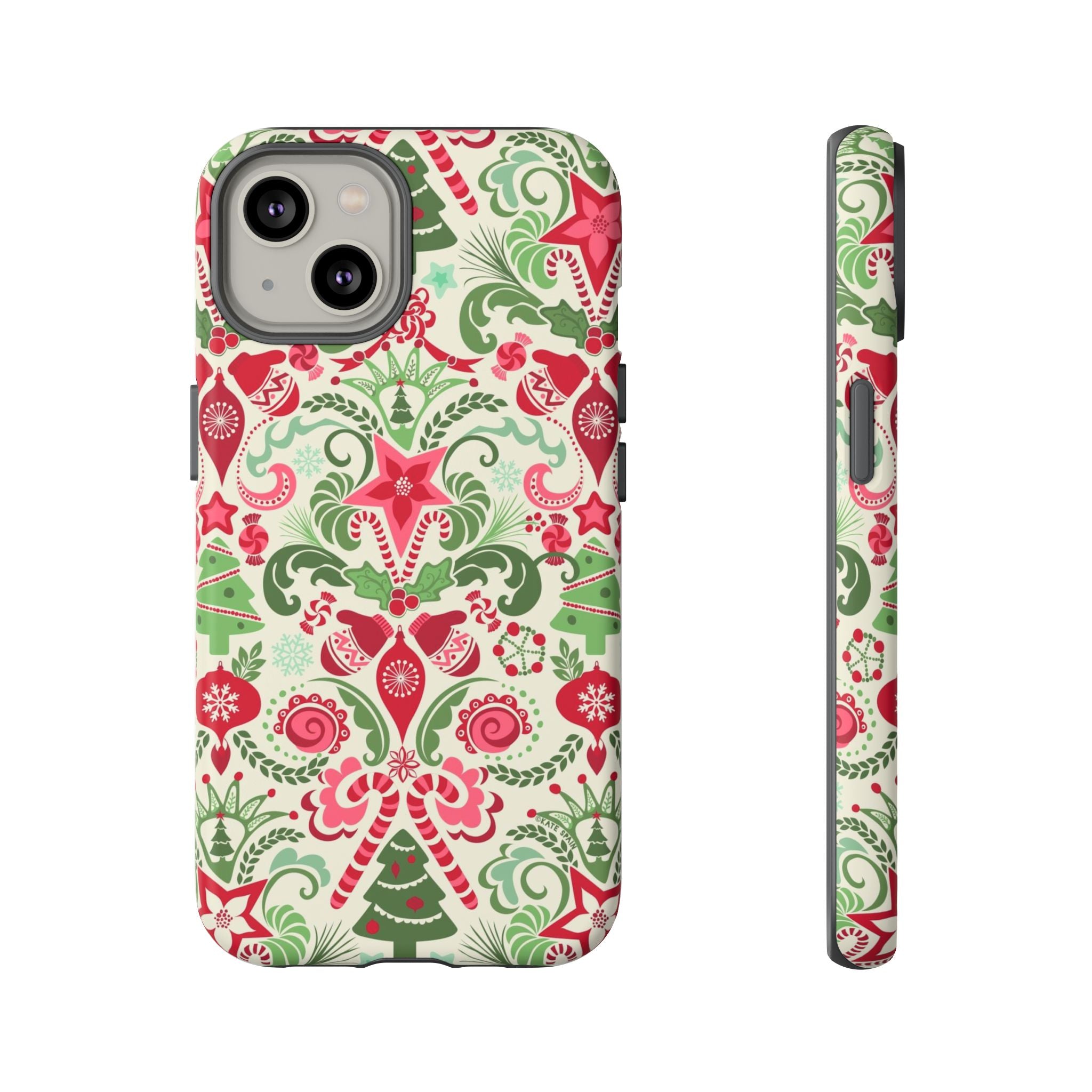 Wonderland Tough iPhone 14 Case – Matte | cream, red, green Christmas ornament damask print