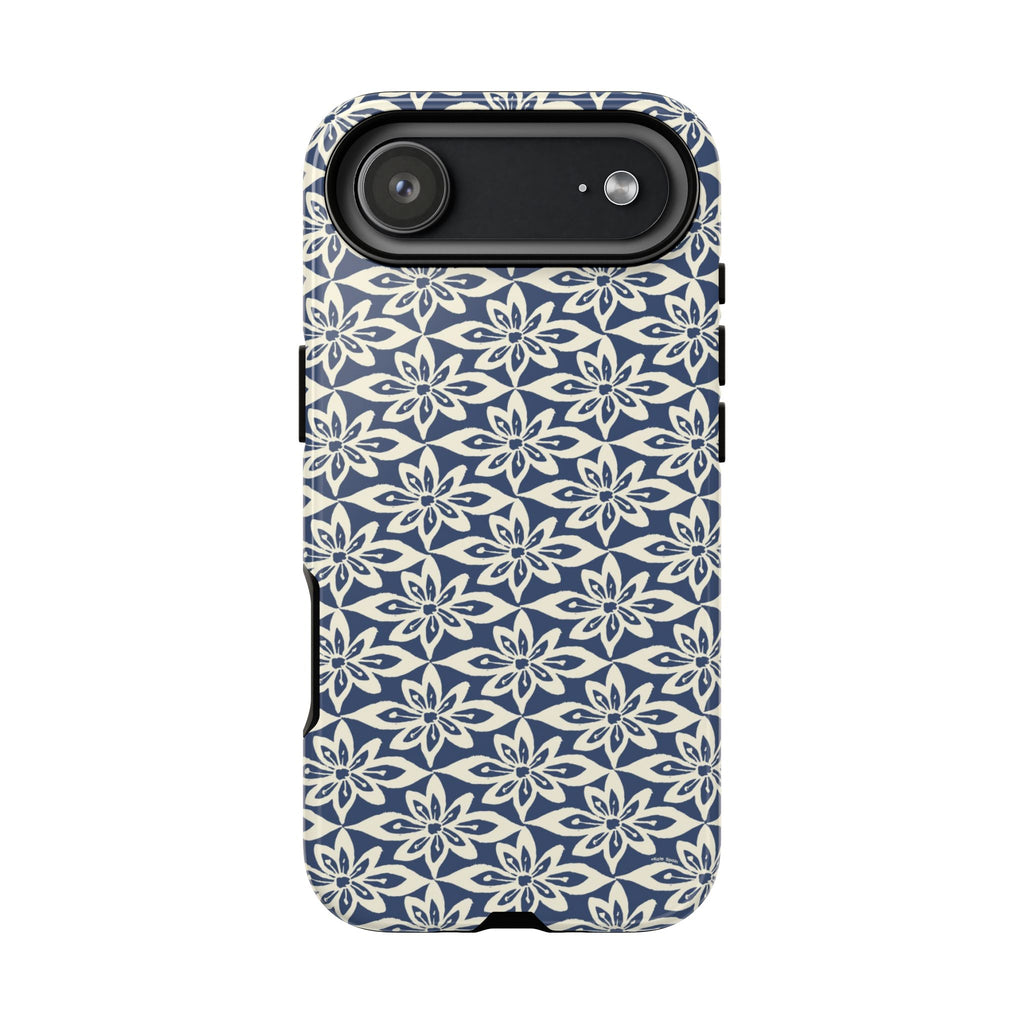 Lily Navy iPhone 17 Pro Max Case – Glossy | graphic white lily print on deep navy — botanical phone case by Kate Spain