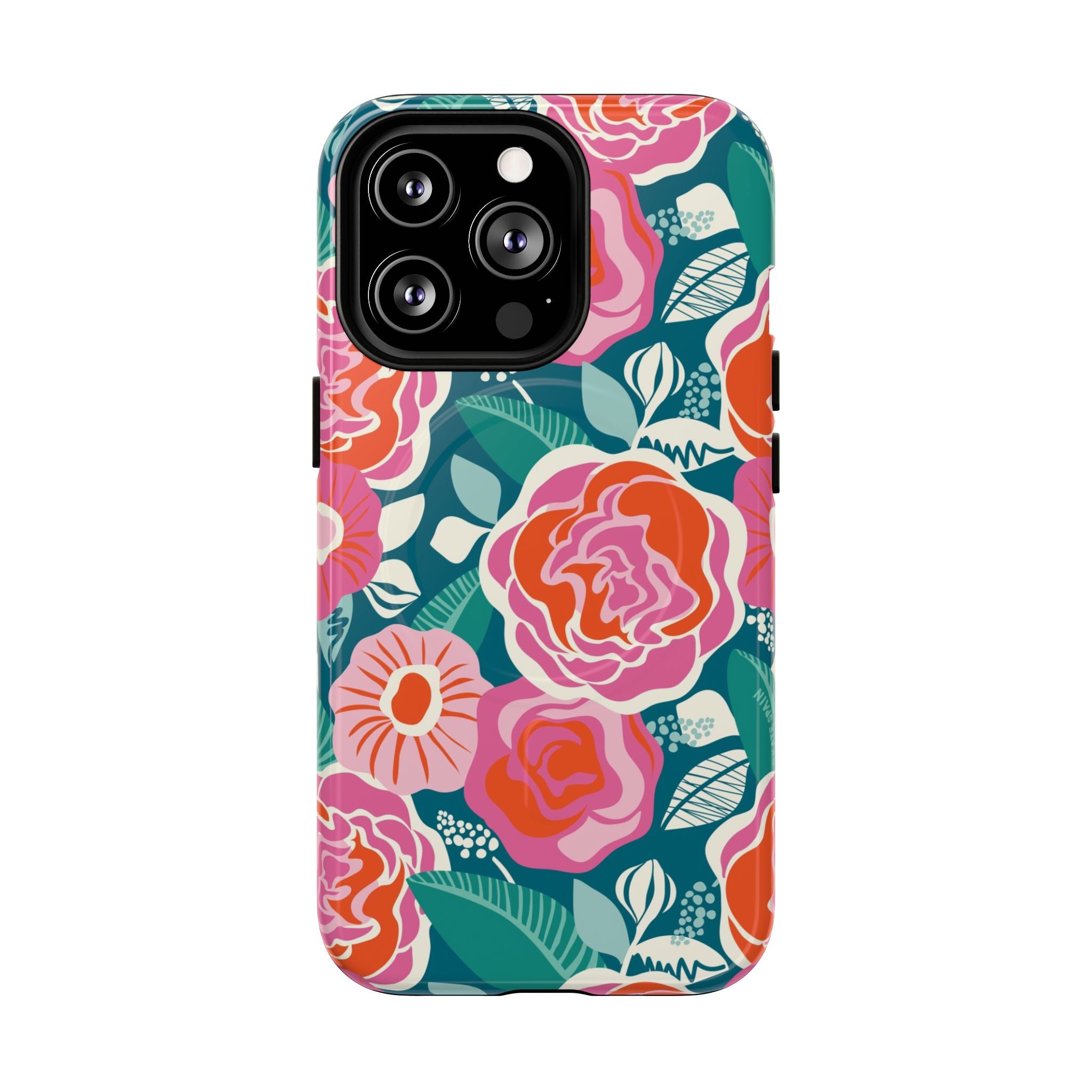 Luxury Tea Rose Teal MagSafe iPhone 13 Pro Case – Glossy | teal, coral, pink botanical rose floral print