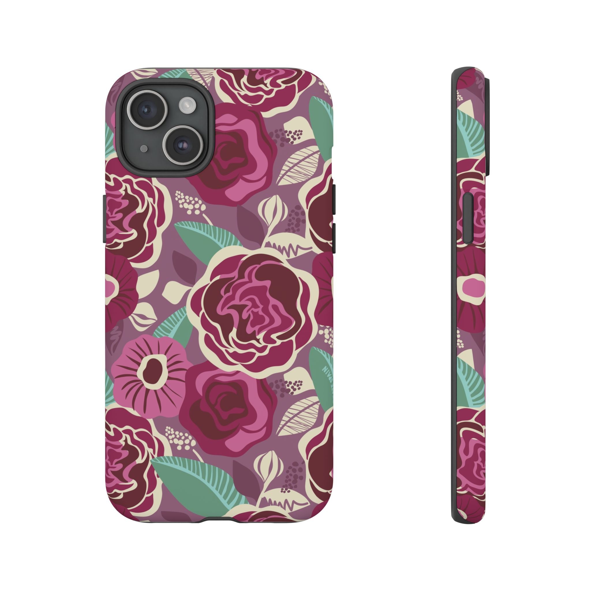 Tea Rose Burgundy Tough iPhone 15 Plus Case – Matte | burgundy, magenta, plum botanical rose floral print