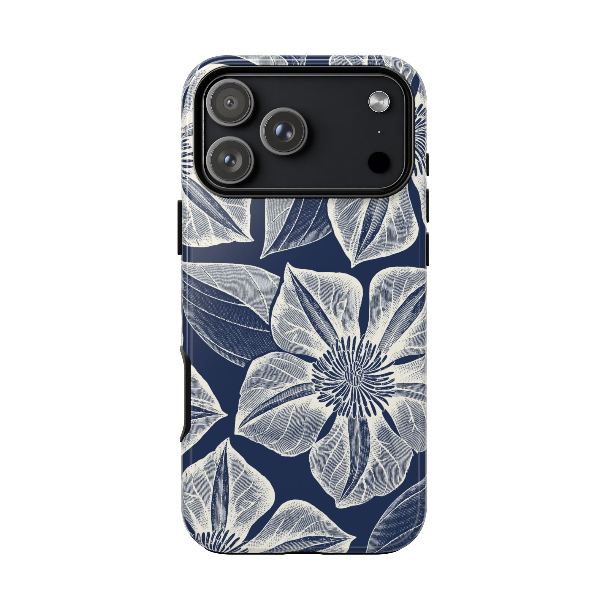 Vintage Bloom Navy iPhone 17 Pro Max case – Glossy | navy ground, large-scale cream clematis print, engraved petal detail, dual-layer protection