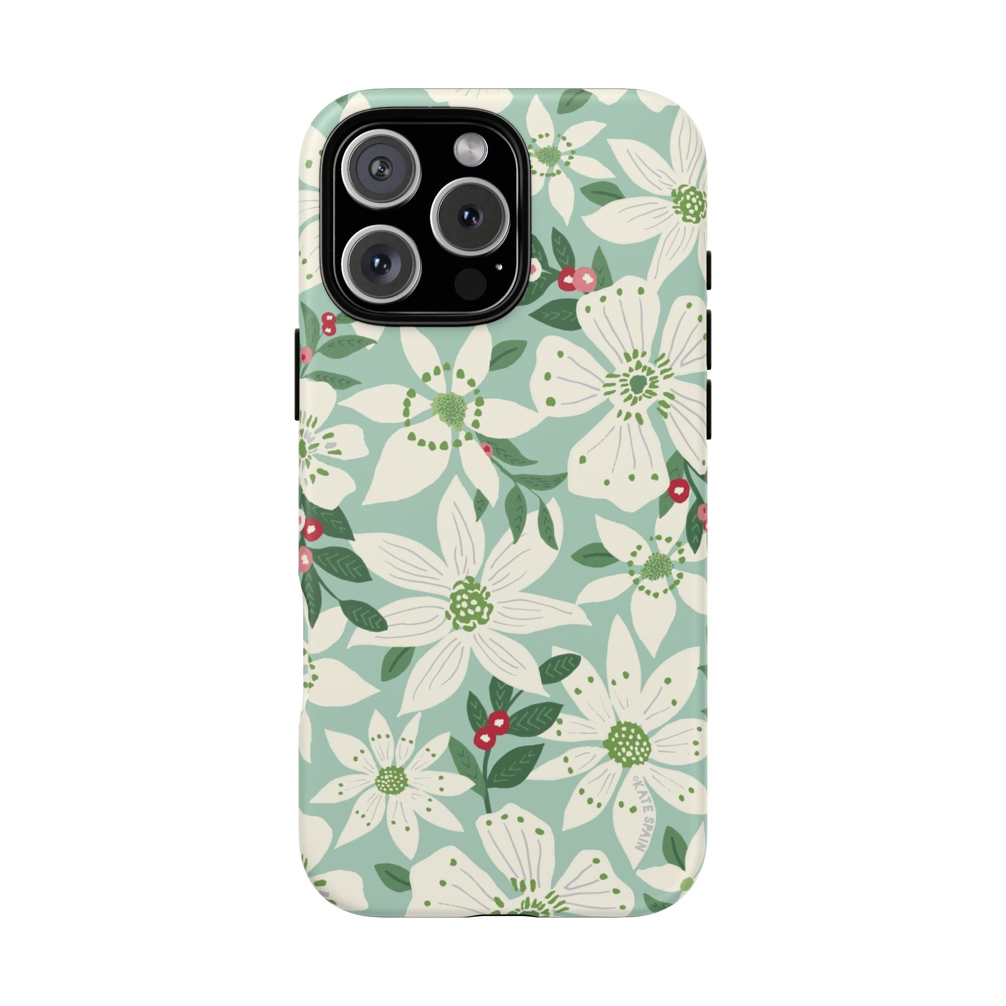Gardenia Tough iPhone 16 Pro Max Case – Matte | light blue, white, green, red gardenia botanical print