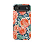 Luxury Tea Rose Navy MagSafe iPhone 17 Air Case – Glossy | navy, coral, peach botanical rose floral print