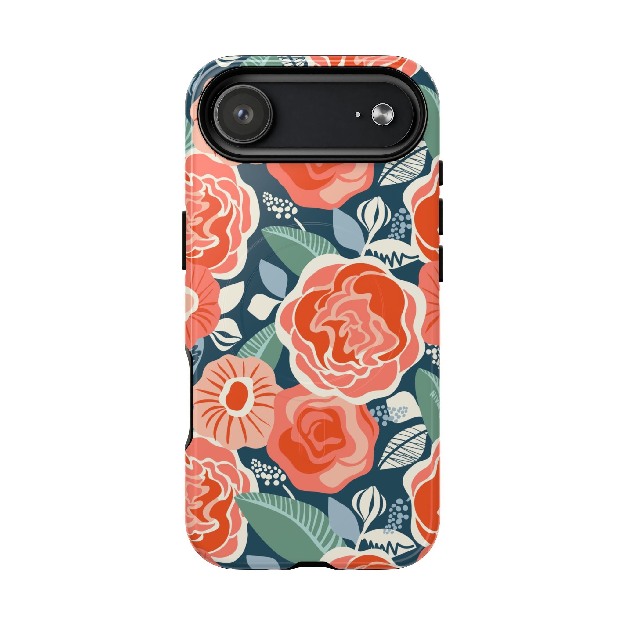 Luxury Tea Rose Navy MagSafe iPhone 17 Air Case – Glossy | navy, coral, peach botanical rose floral print