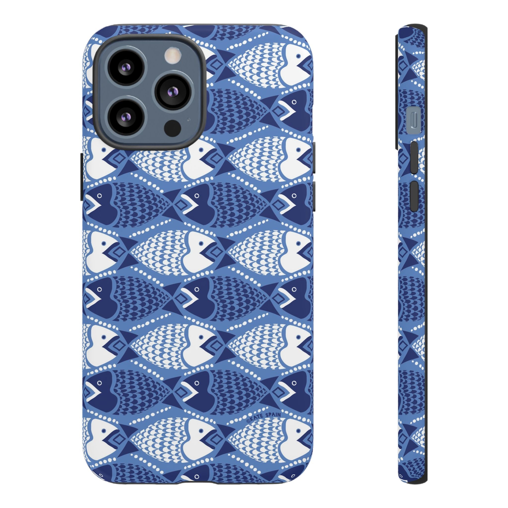 Catch of the Day Tough iPhone 13 Pro Max Case – Matte | navy, blue, white geometric fish print