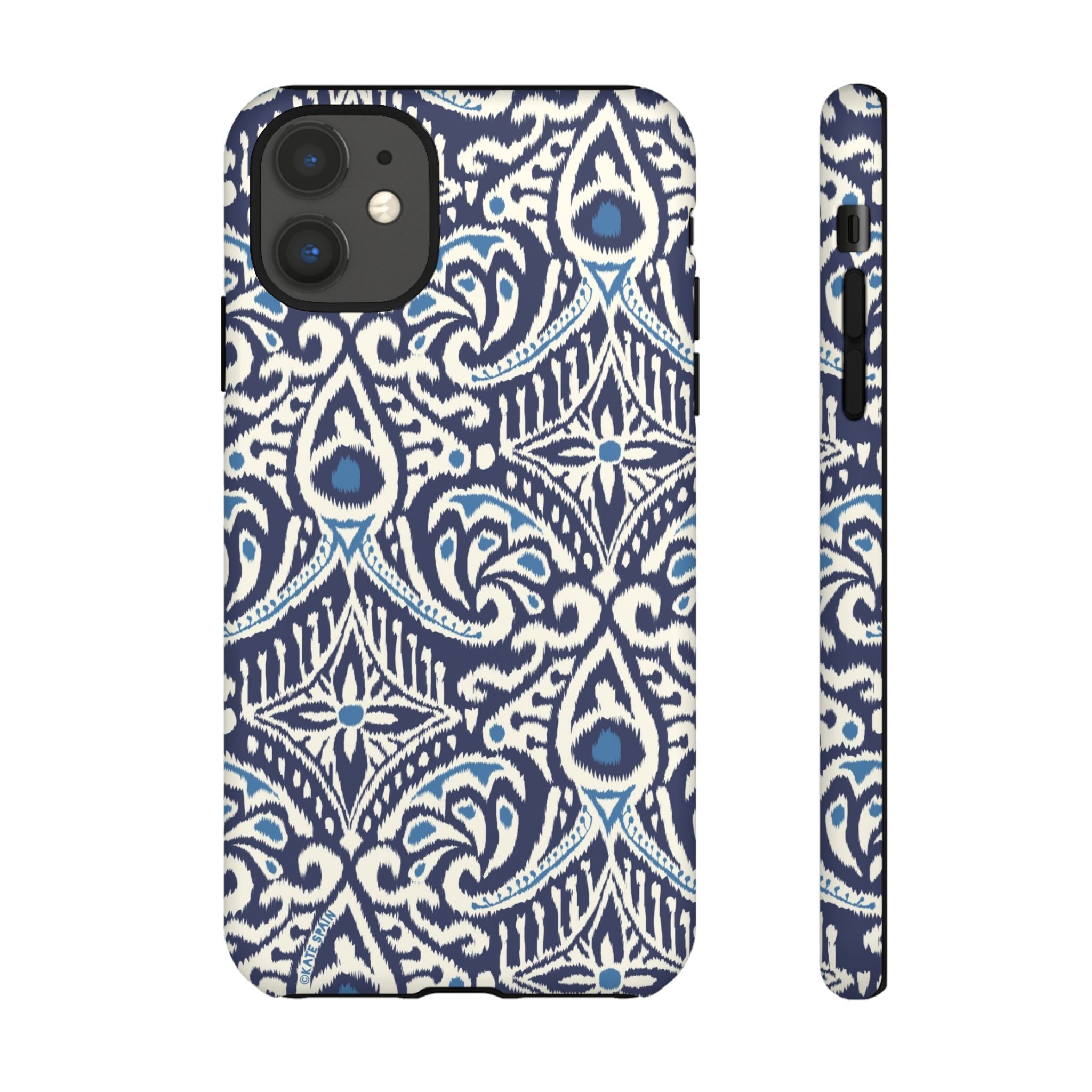 Ikat Tough iPhone 11 Case – Matte | navy, cream, blue ikat medallion print