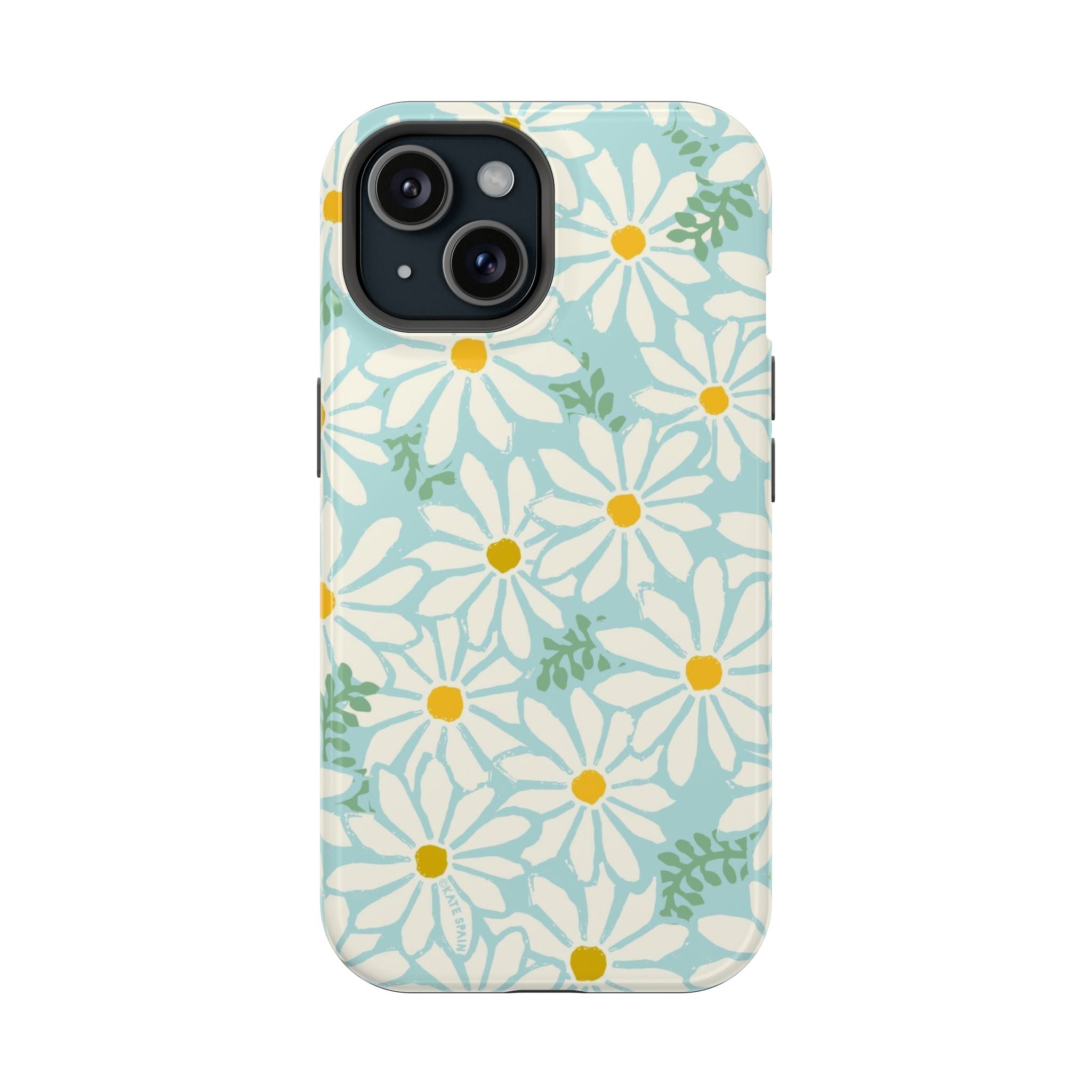 Daisies MagSafe iPhone 15 Case – Glossy | white, yellow, aqua watercolor daisy print