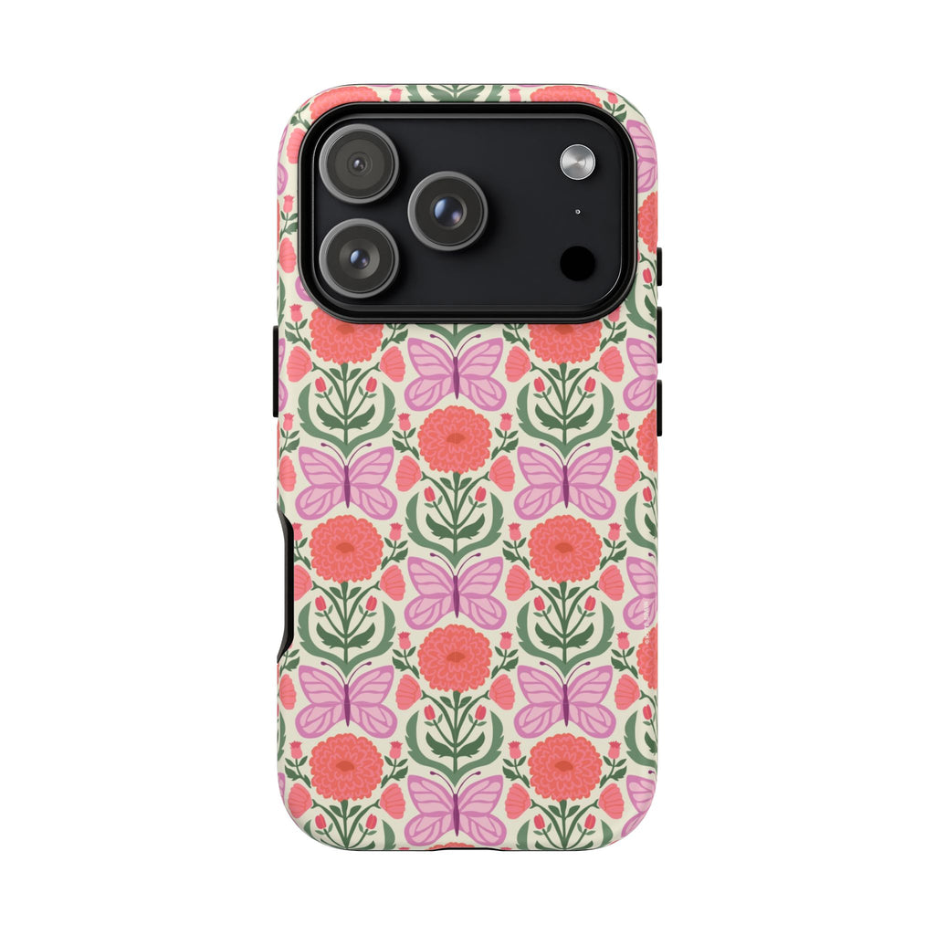 Pink Butterfly Tough iPhone 17 Pro Case – Matte | pink, coral, green, cream butterfly floral print