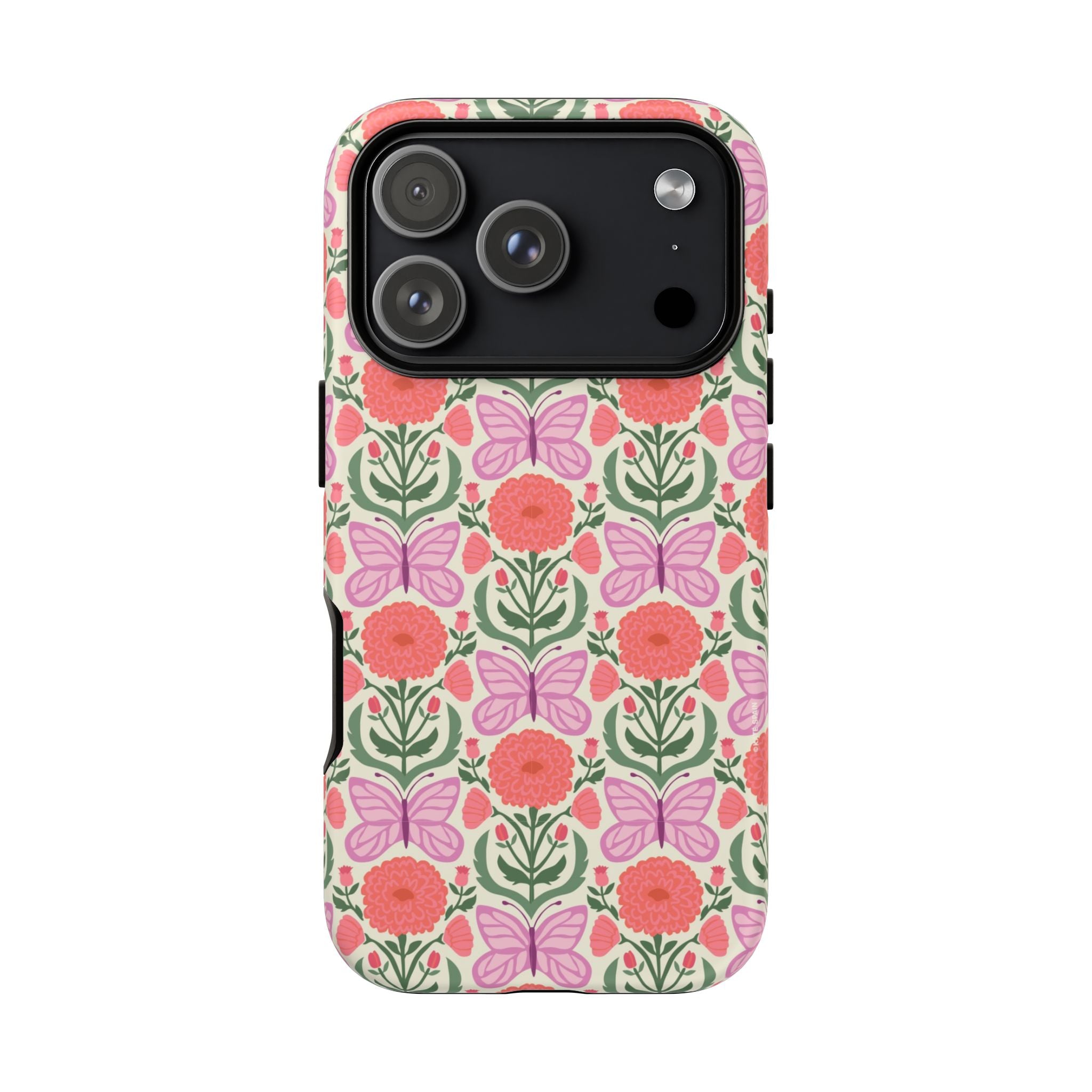 Pink Butterfly Tough iPhone 17 Pro Case – Matte | pink, coral, green, cream butterfly floral print