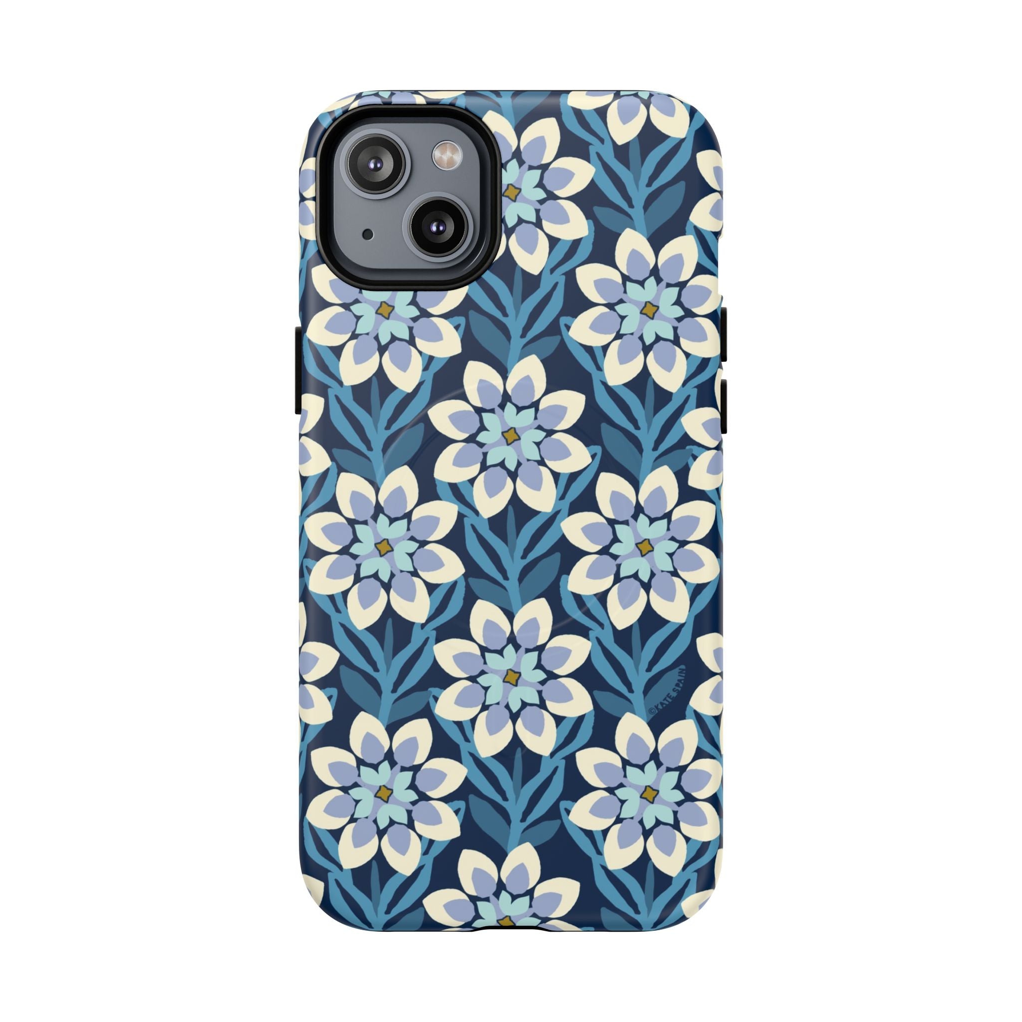 Luxury Modern Dahlia MagSafe iPhone 14 Plus Case – Matte | navy, slate blue, white geometric dahlia tile floral print