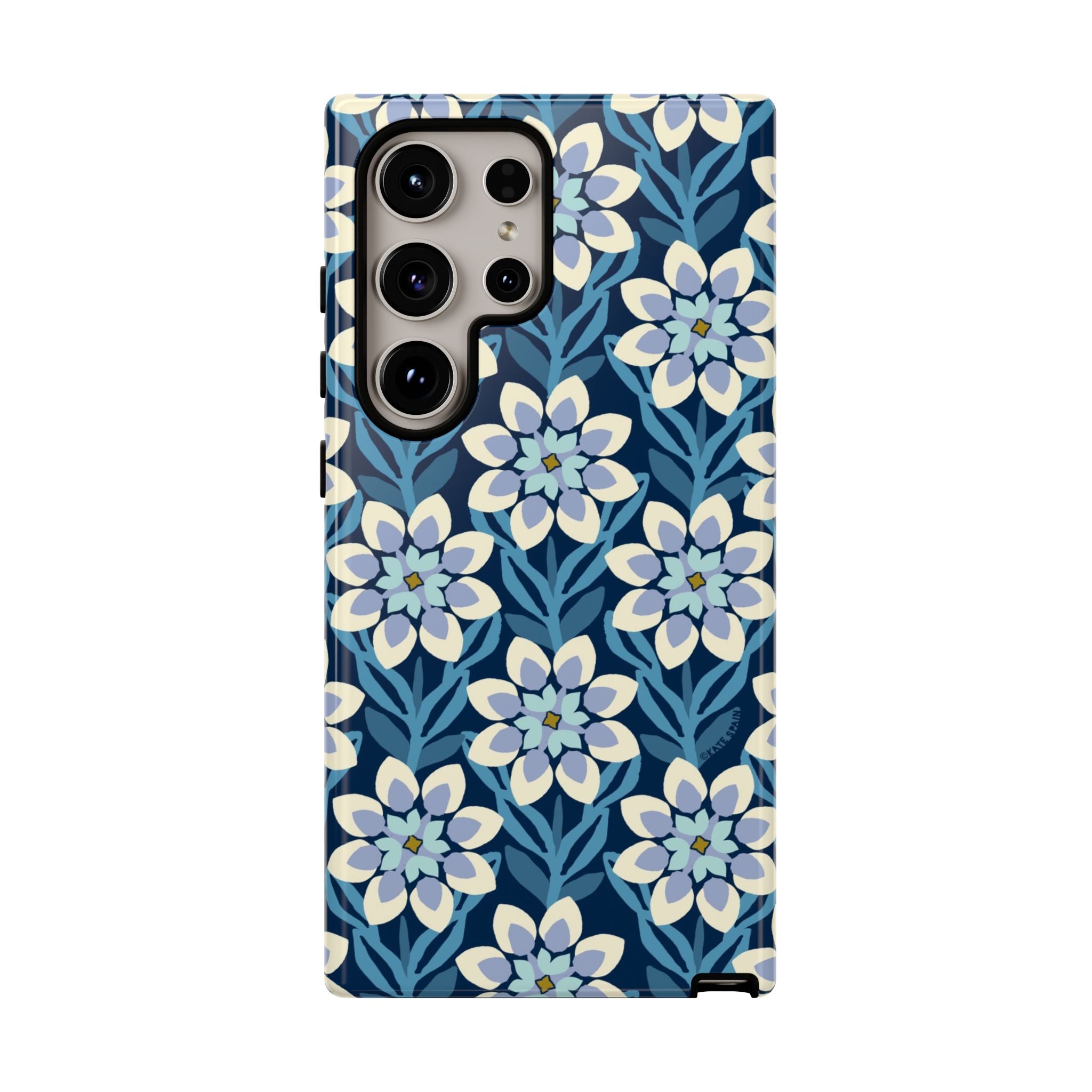 Luxury Modern Dahlia Samsung Galaxy S24 Ultra Case – Glossy | navy, white, periwinkle modern dahlia print