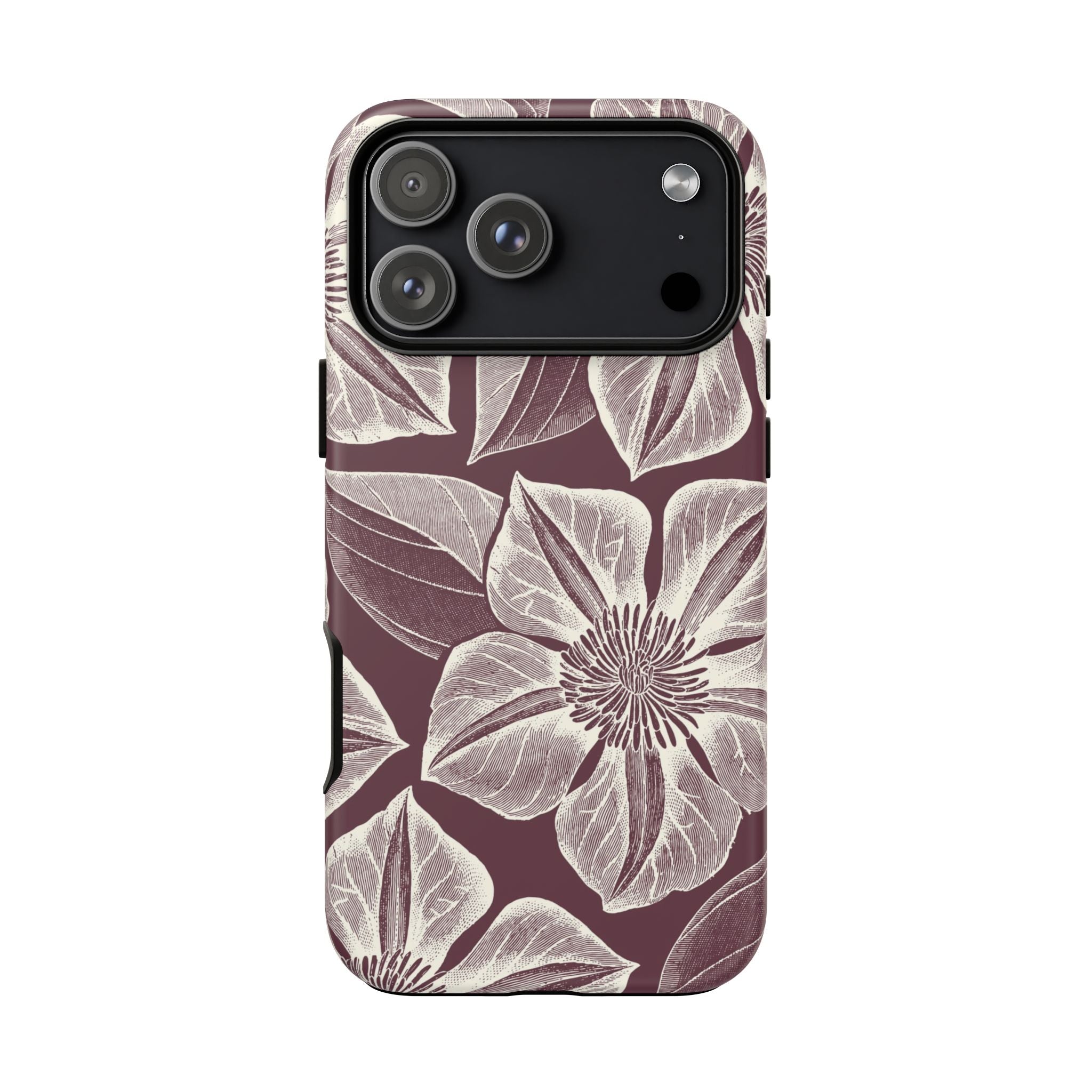 Vintage Bloom Burgundy iPhone 17 Pro Max case – Matte | burgundy ground, large-scale cream clematis print, engraved petal detail, dual-layer protection