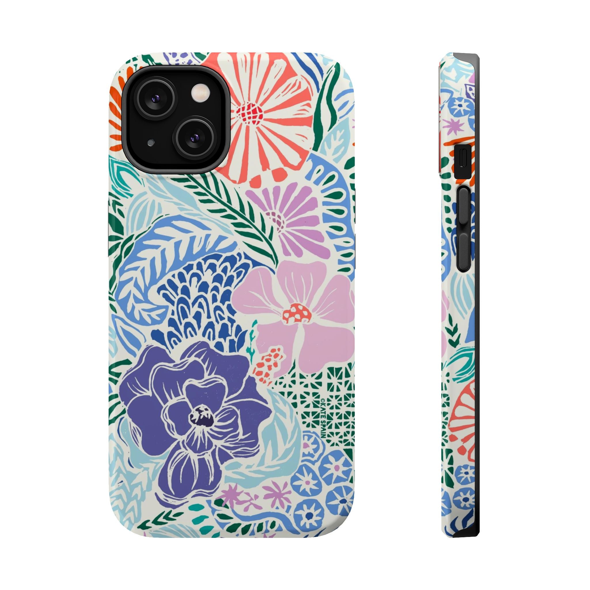 Tropica MagSafe iPhone 14 Case – Glossy | purple, coral, pink, blue botanical tropical floral print MagSafe compatible, dual-layer protection