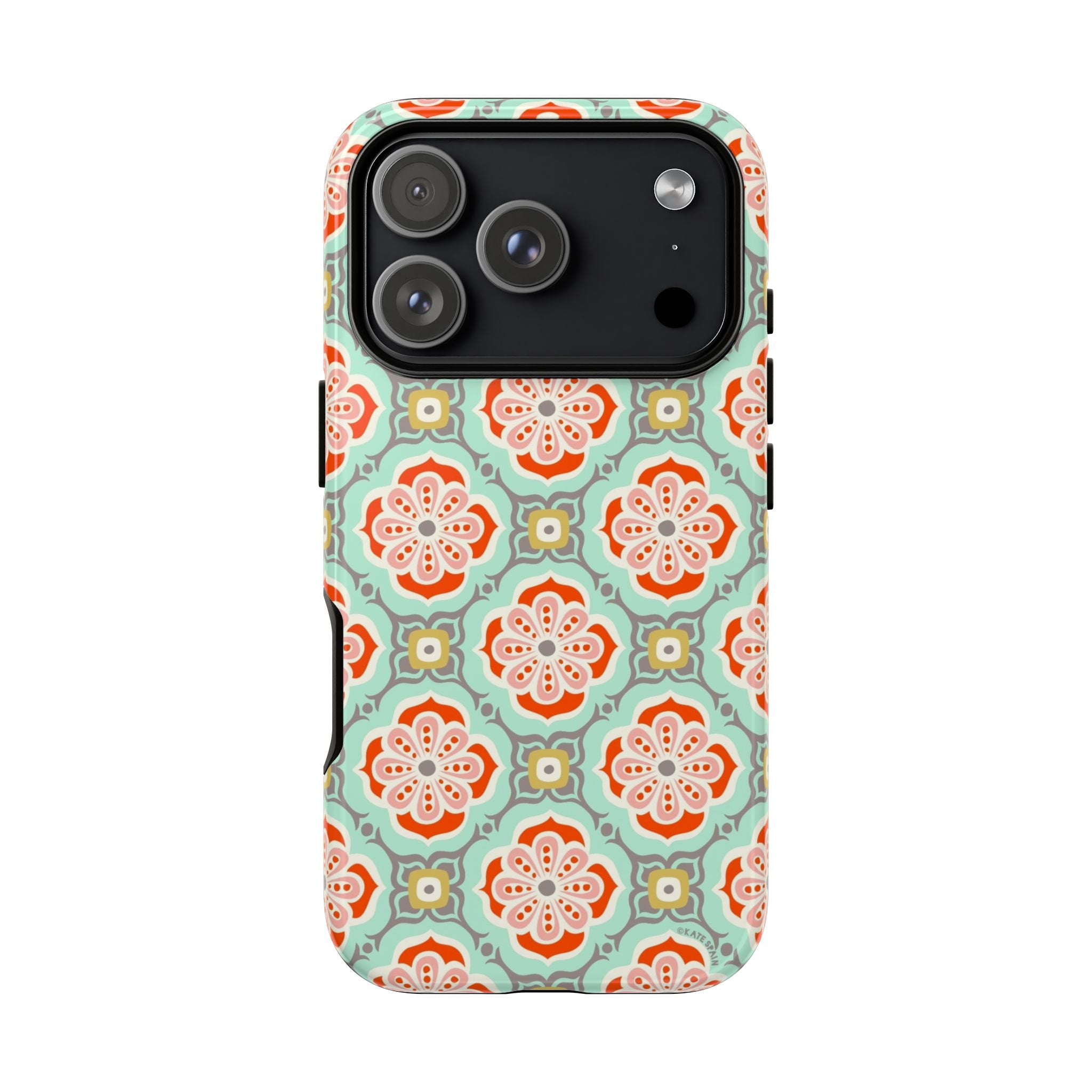 Alhambra Tough iPhone 17 Pro Case – Glossy | aqua, coral, blush geometric medallion floral print