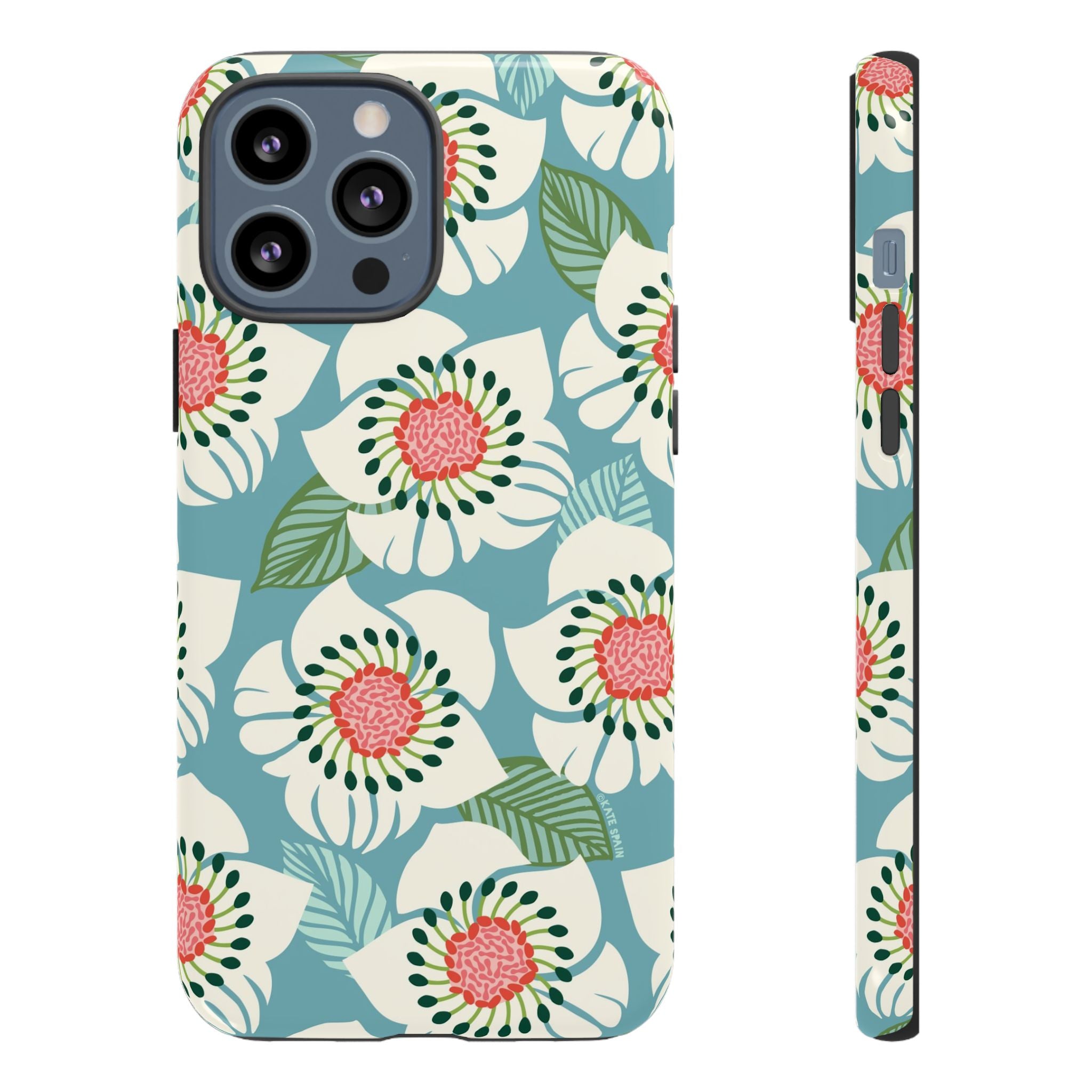 Panache Floral Tough iPhone 13 Pro Max Case – Glossy | sky blue, pale cream, pink anemone floral print