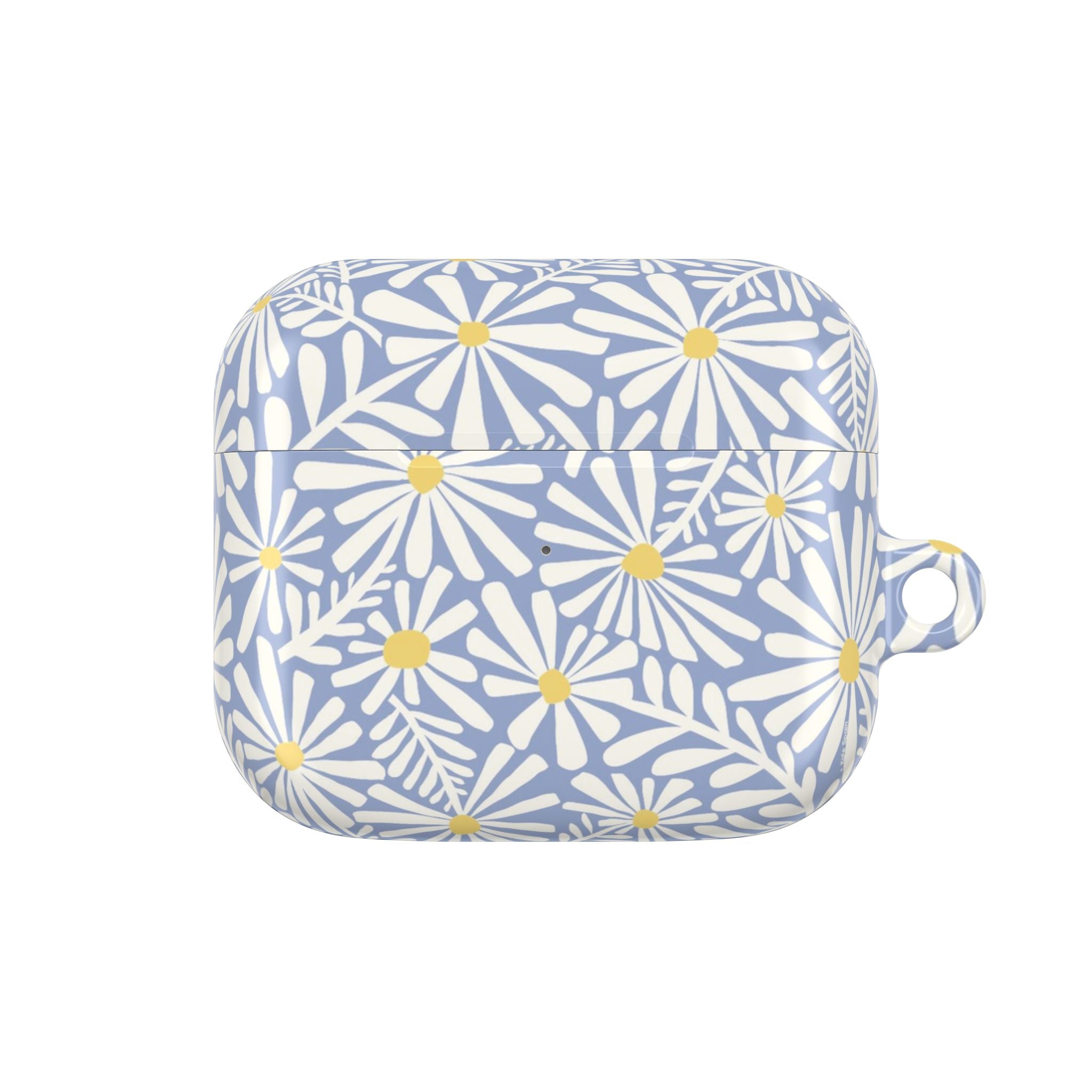 Montauk Daisy Cottage Blue AirPods Gen 3 Case – Glossy | periwinkle blue, white graphic daisy and fern print, golden yellow centers | polycarbonate shell with carabiner