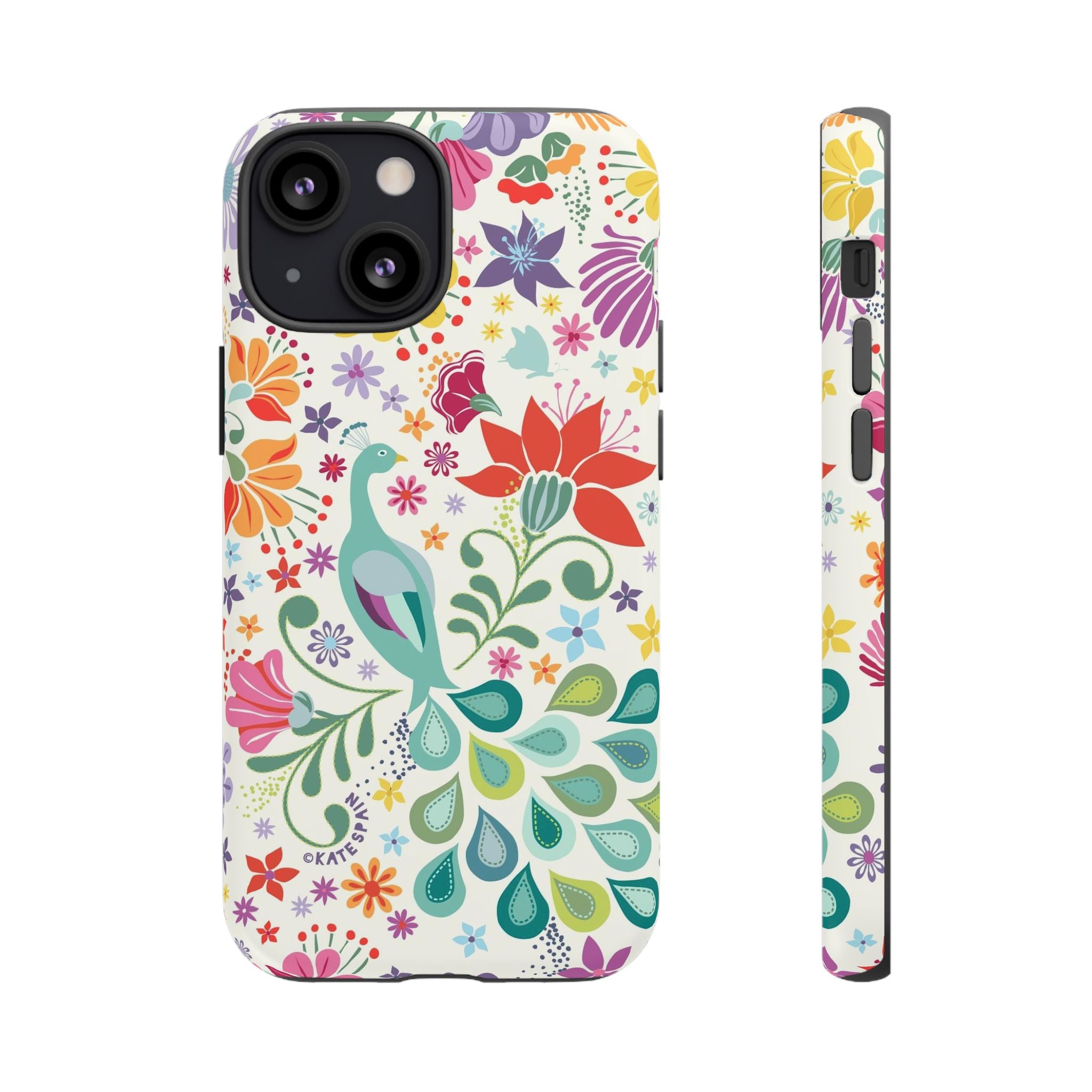 Peacock Sanctuary Tough iPhone 13 Mini Case – Matte | white, teal, coral multicolor vibrant peacock feather botanical print