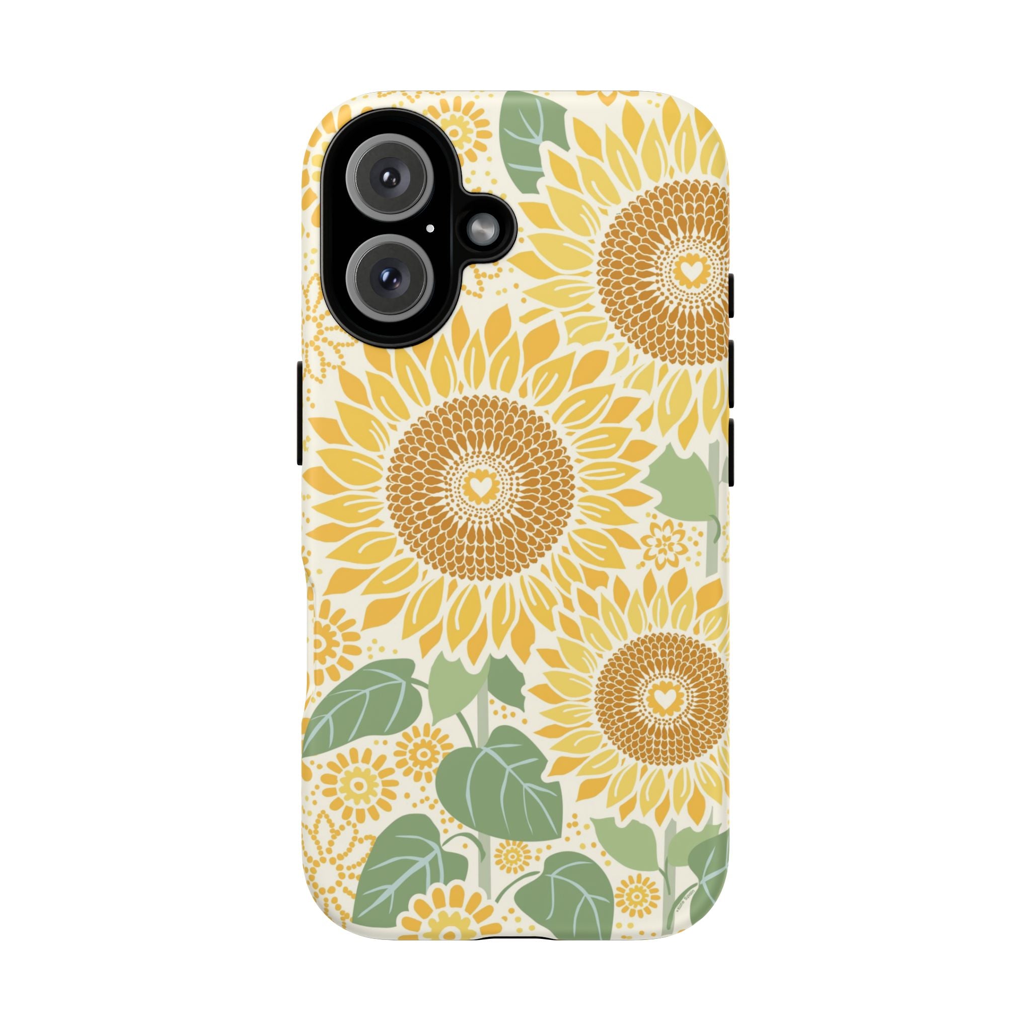 Sunny Sunflower iPhone 16 case – Matte | cream ground, large-scale yellow sunflower print, golden seed detail with heart centers, dual-layer protection