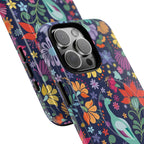 Peacock Sanctuary MagSafe iPhone 16 Pro Max Case – Glossy | navy, teal, coral multicolor vibrant peacock feather botanical print | angled view closeup of camera cutout and buttons