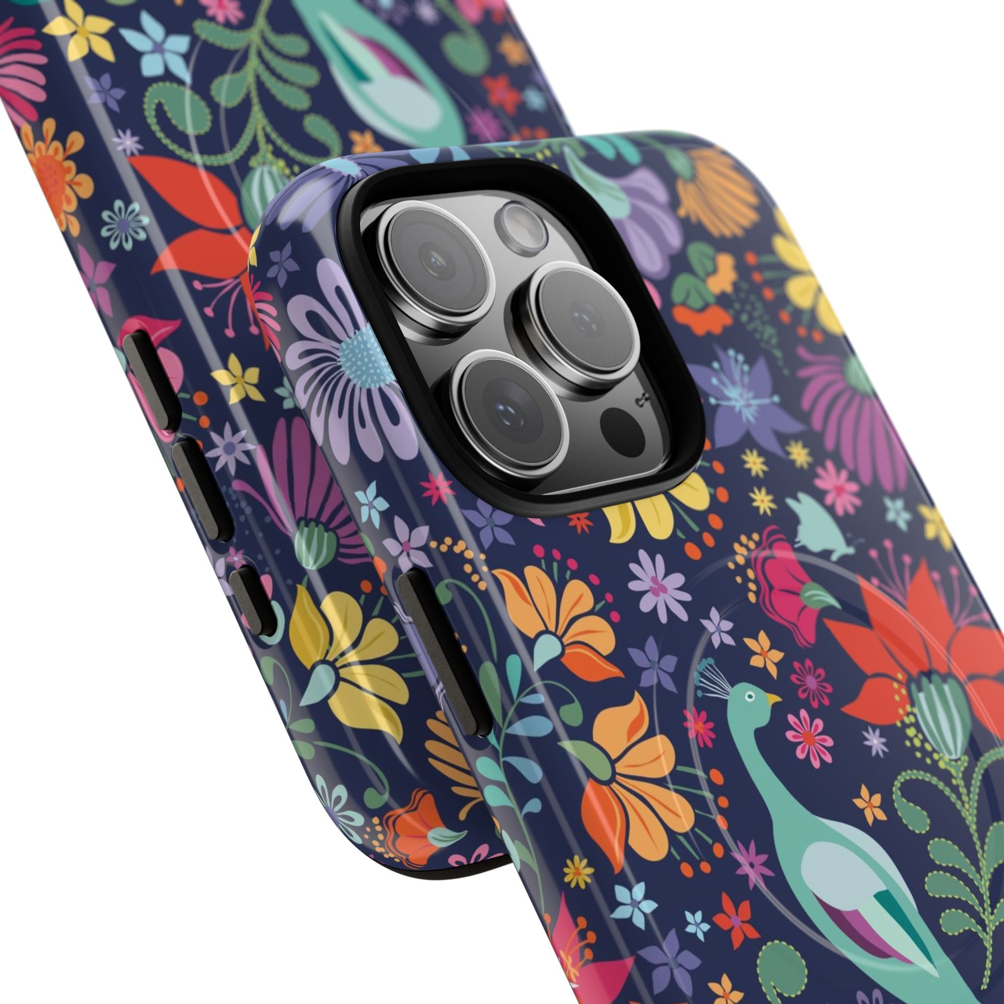 Peacock Sanctuary MagSafe iPhone 16 Pro Max Case – Glossy | navy, teal, coral multicolor vibrant peacock feather botanical print | angled view closeup of camera cutout and buttons
