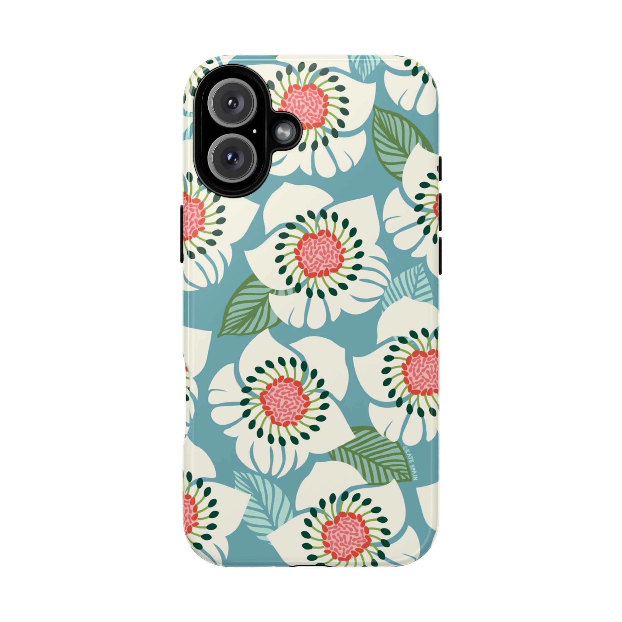 Panache Floral Tough iPhone 16 Plus Case – Glossy | sky blue, pale cream, pink anemone floral print